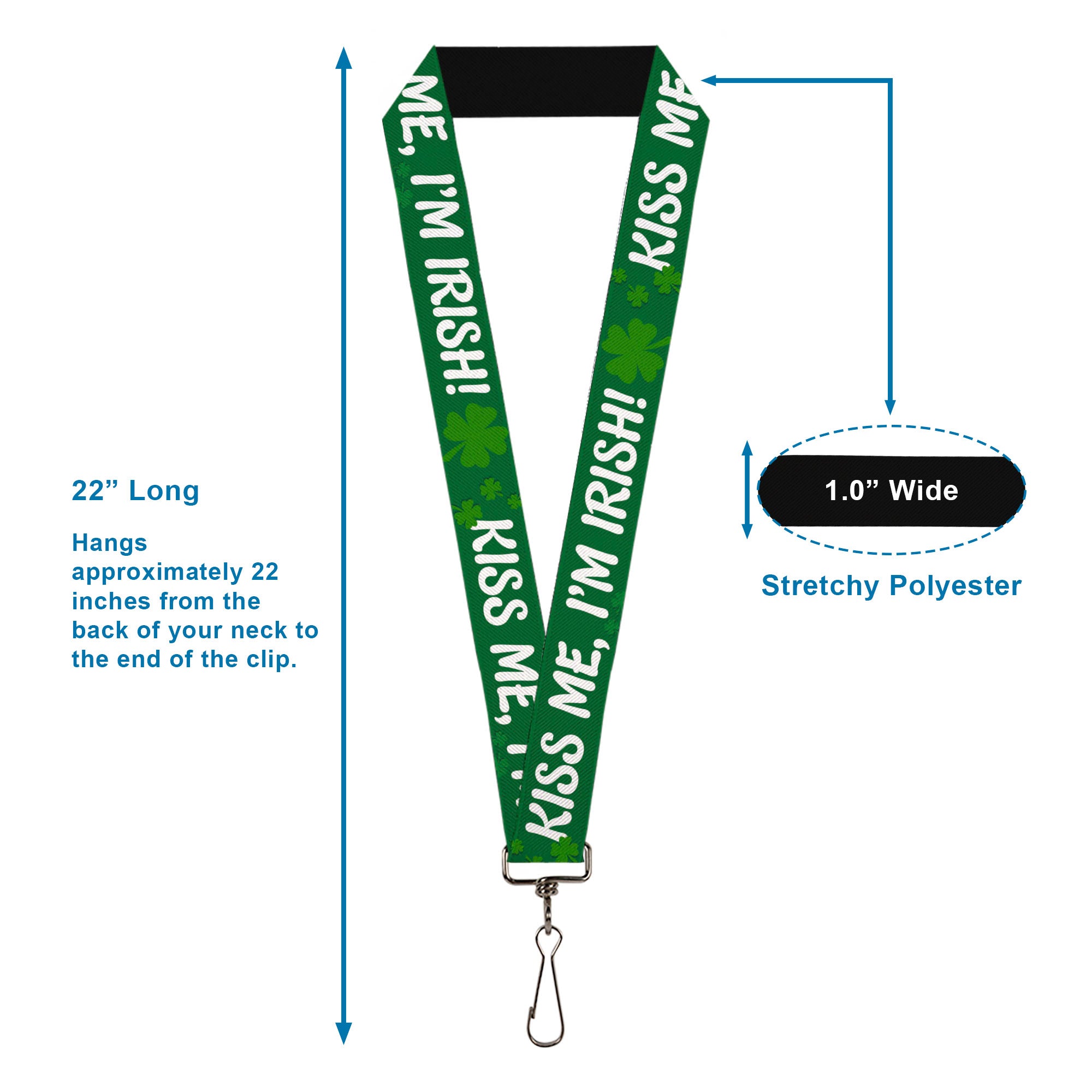 Lanyard - 1.0" - KISS ME, I'M IRISH! Clovers Green White Lanyards Buckle-Down
