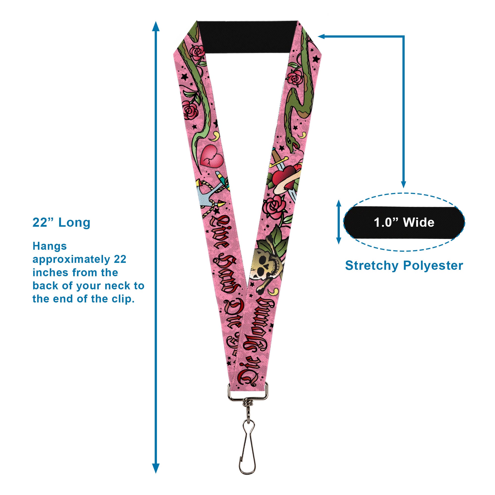 Lanyard - 1.0" - Live Hard Die Young Pink Lanyards Buckle-Down