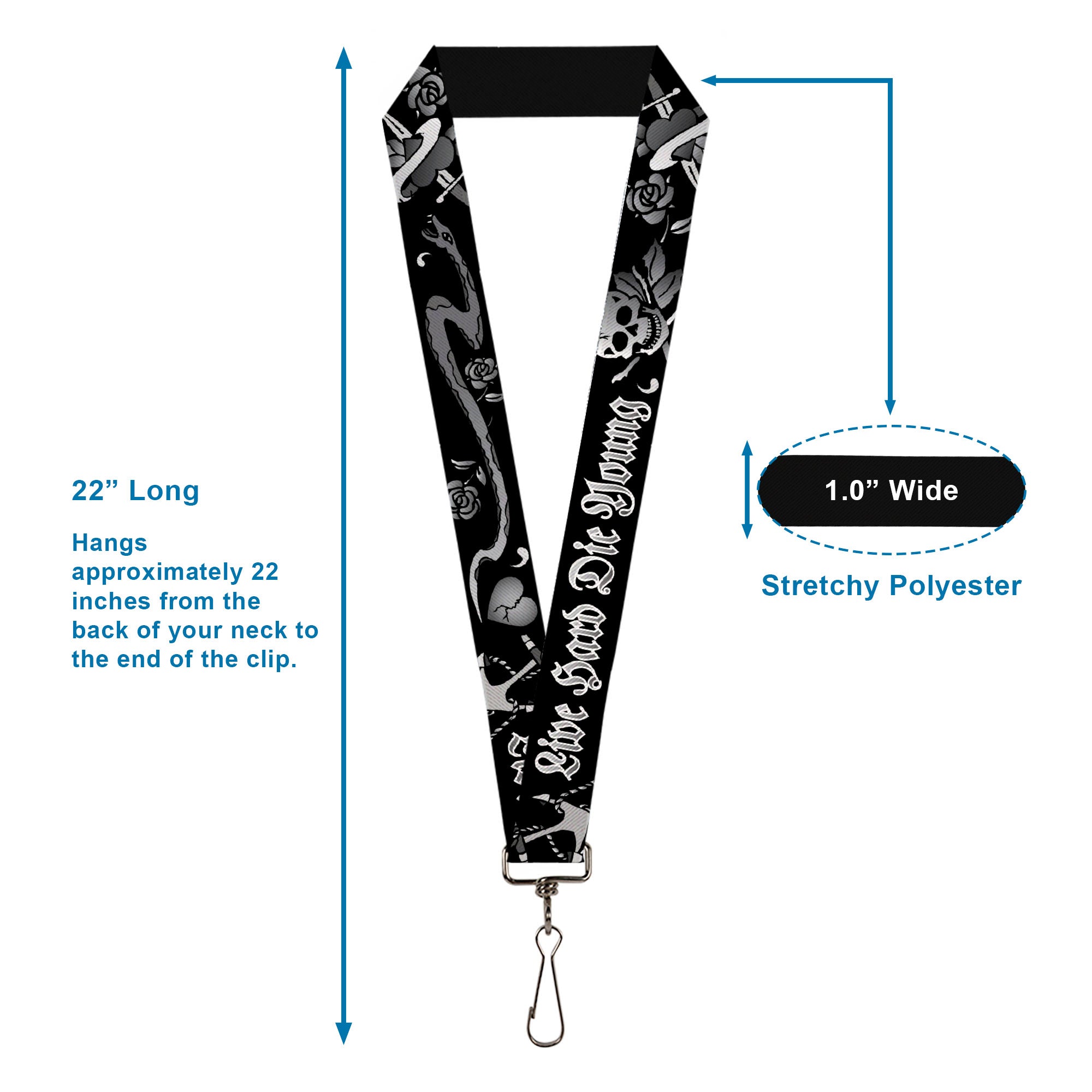 Lanyard - 1.0" - Live Hard Die Young Black White Lanyards Buckle-Down