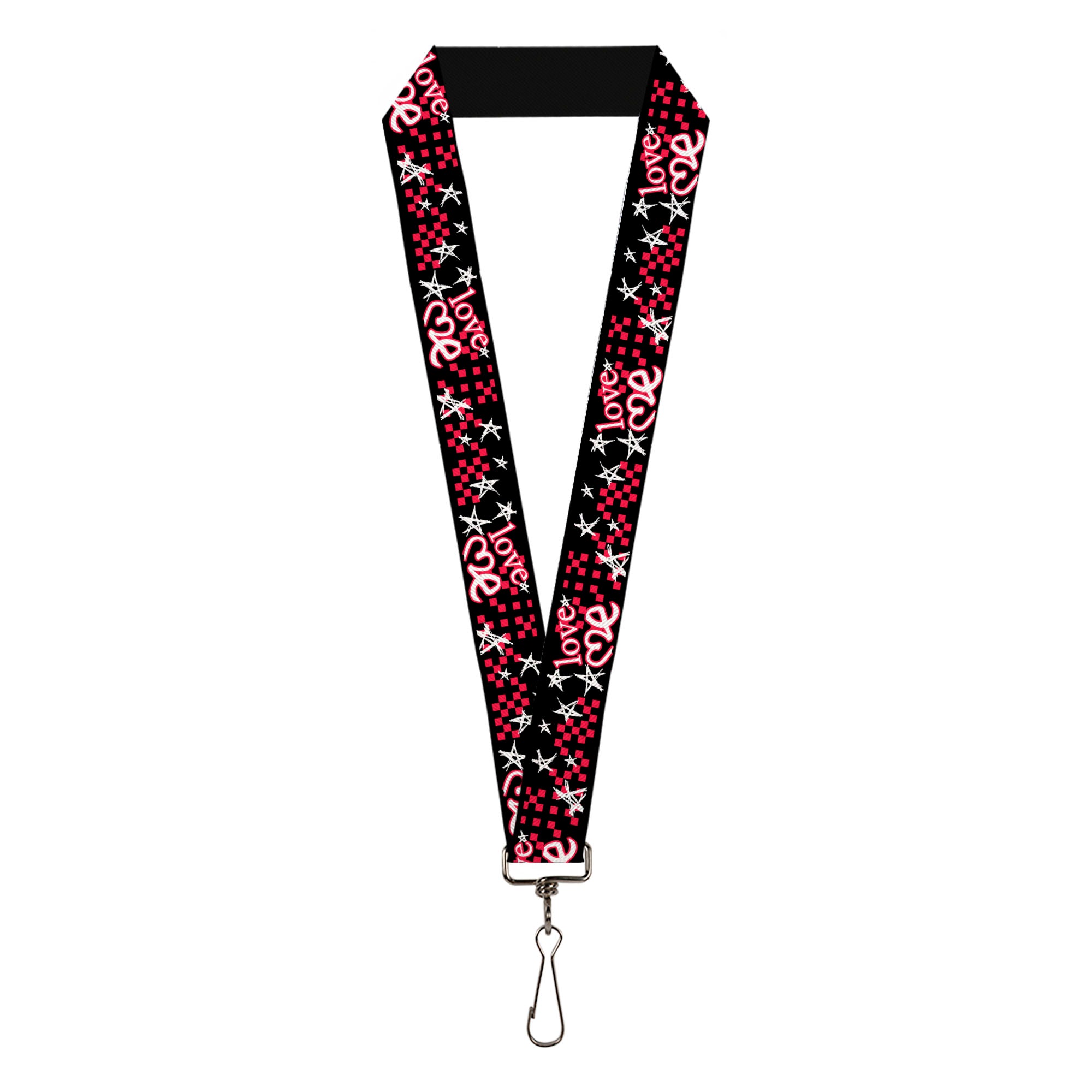 Lanyard - 1.0" - Love Me w Sketch Stars & Checkers Black Fuchsia White Lanyards Buckle-Down