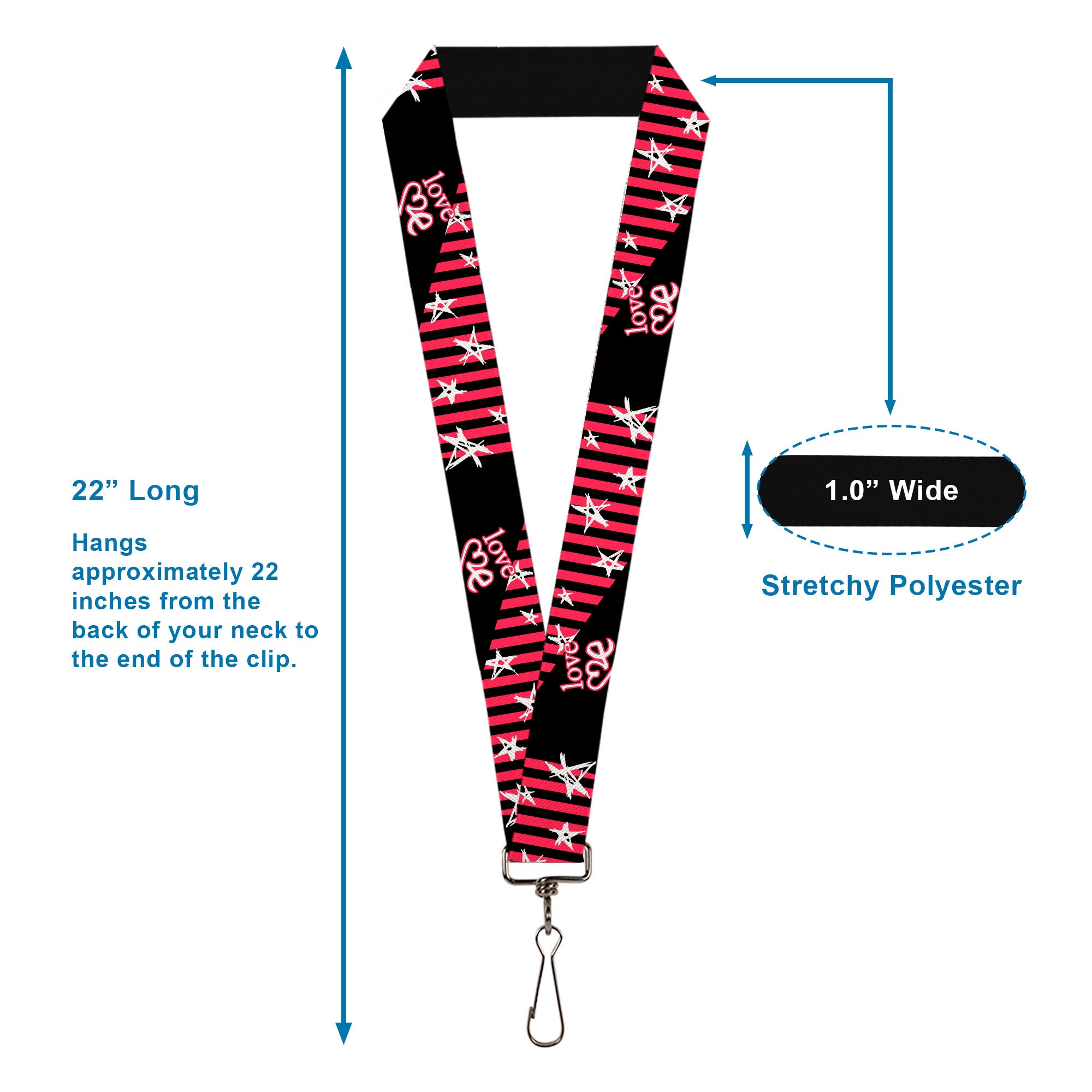 Lanyard - 1.0" - Love Me w Sketch Stars & Stripes Black Fuchsia White Lanyards Buckle-Down
