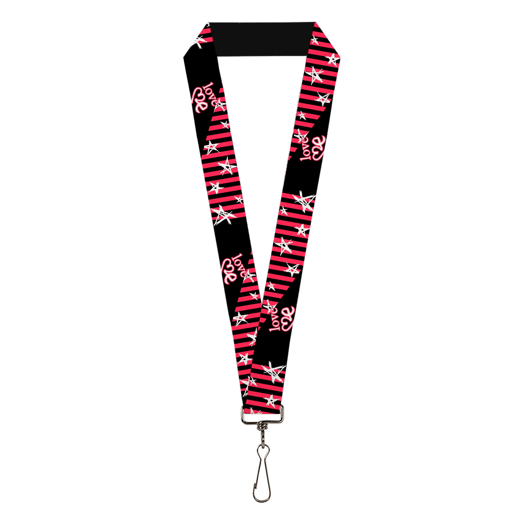 Lanyard - 1.0" - Love Me w Sketch Stars & Stripes Black Fuchsia White Lanyards Buckle-Down
