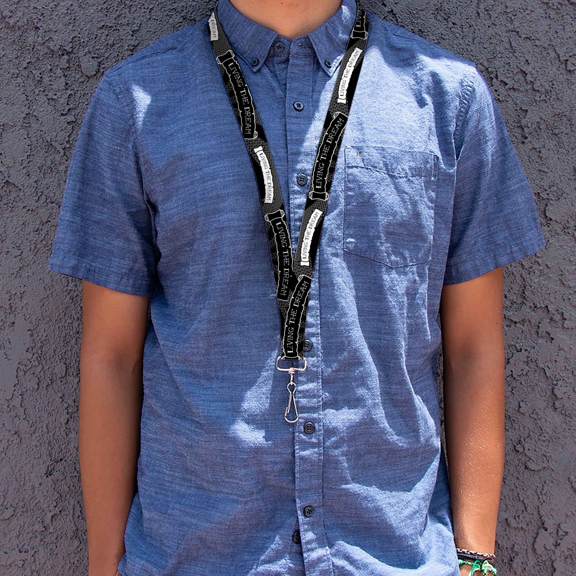 Lanyard - 1.0" - LIVING THE DREAM Scroll Gray Black White Lanyards Buckle-Down