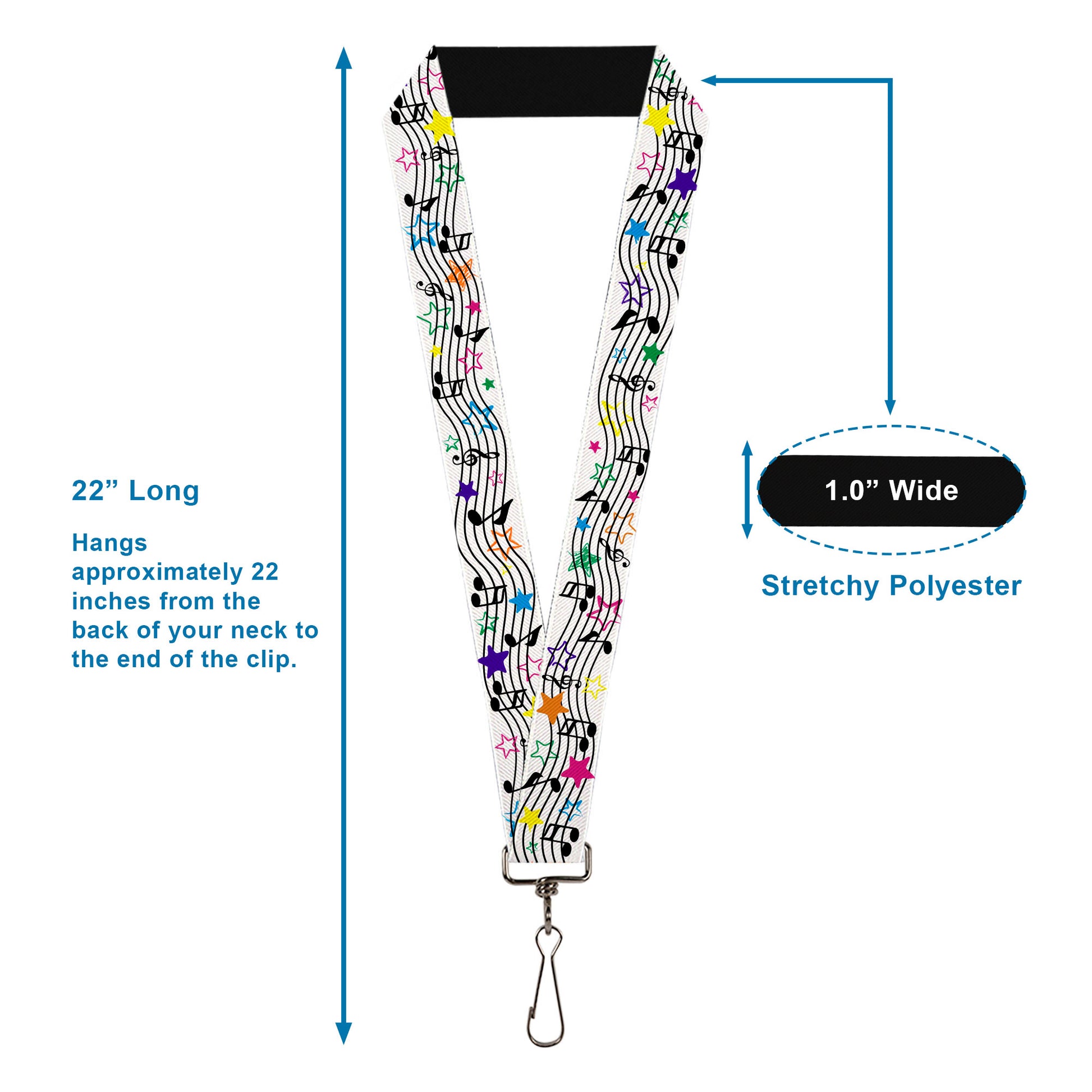 Lanyard - 1.0" - Music Notes Stars White Black Multi Color Lanyards Buckle-Down