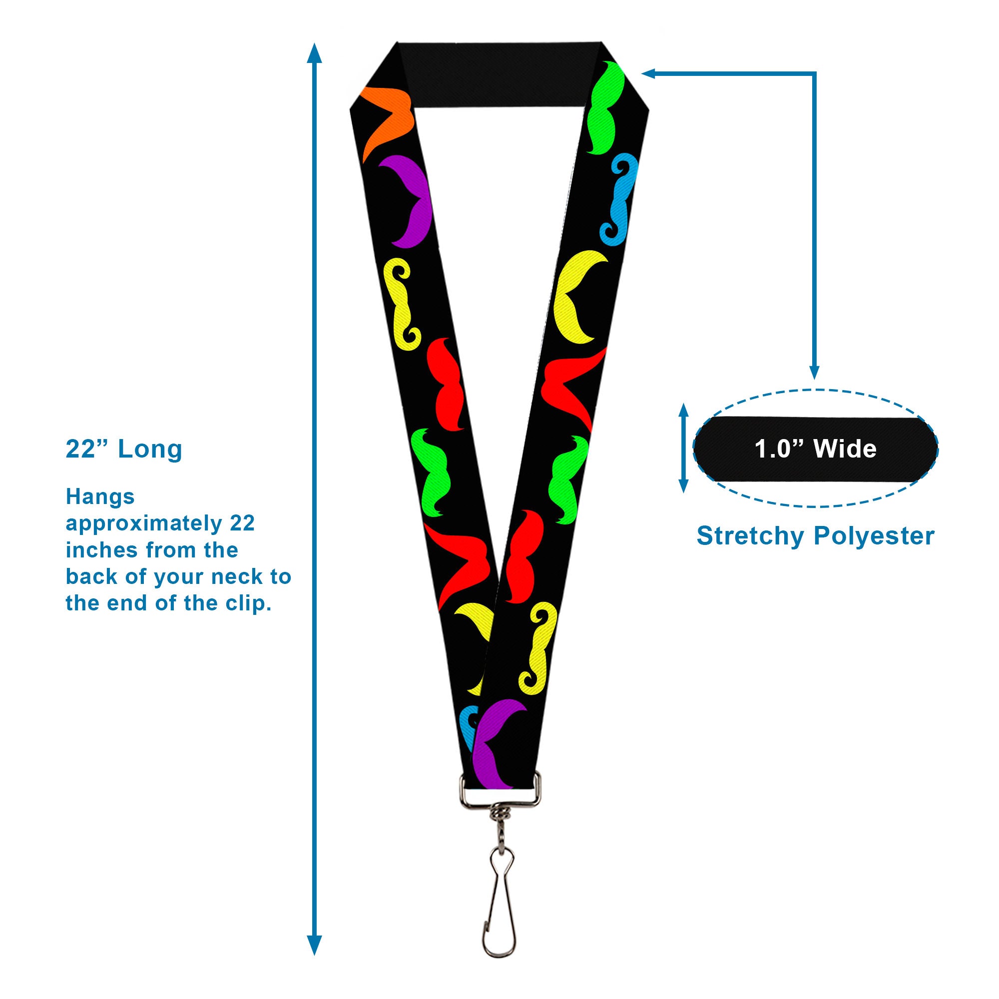 Lanyard - 1.0" - Mustaches Black Multi Color Lanyards Buckle-Down