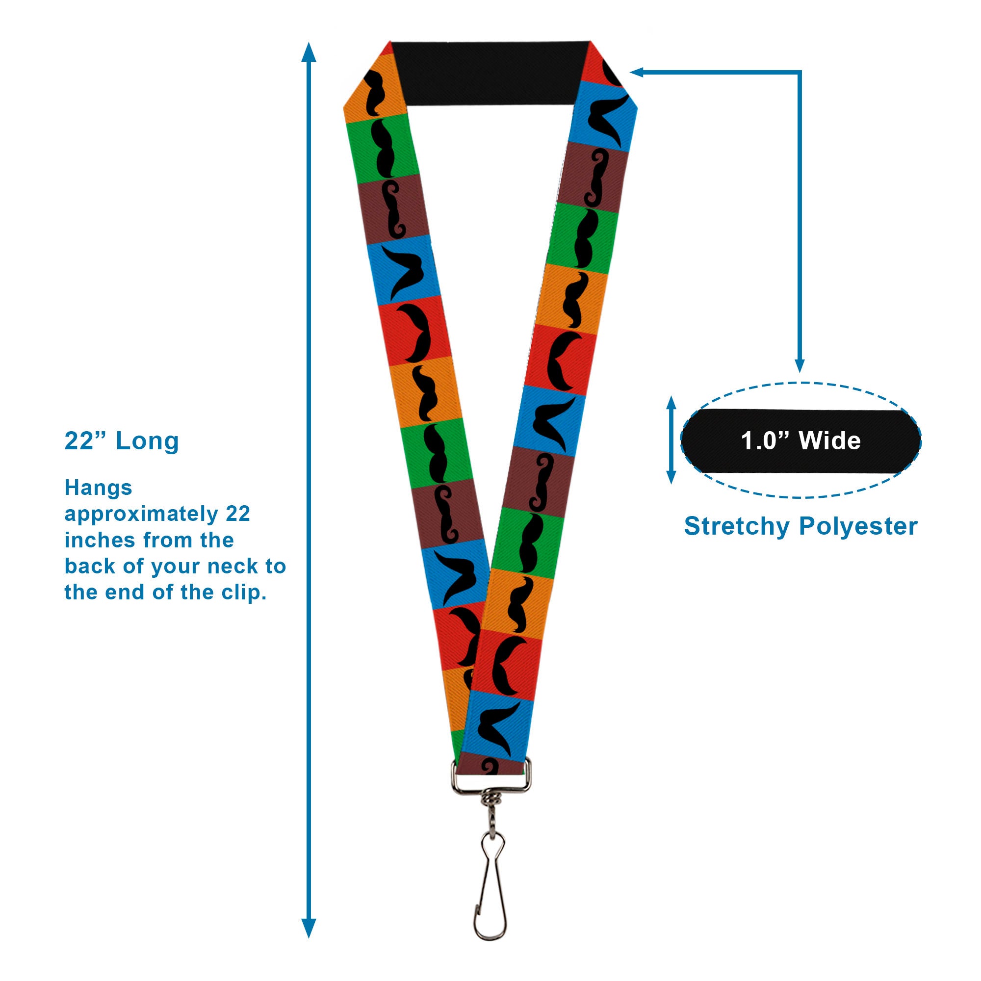 Lanyard - 1.0" - Mustaches Multi Color Blocks Black Lanyards Buckle-Down