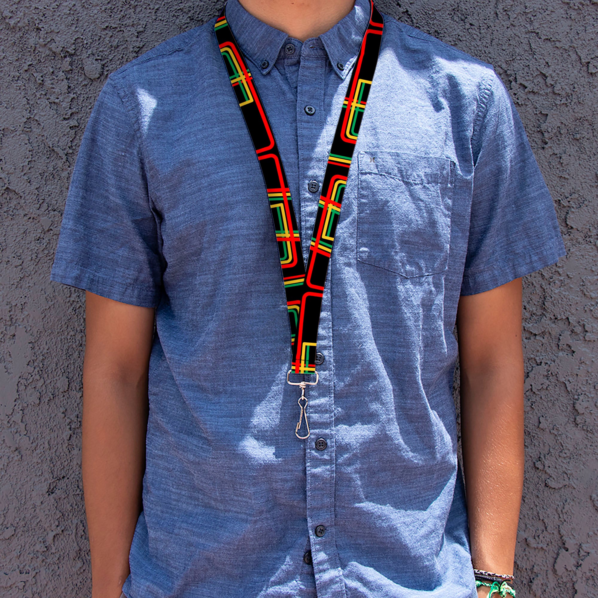 Lanyard - 1.0" - Maze Lines Black Rasta Lanyards Buckle-Down