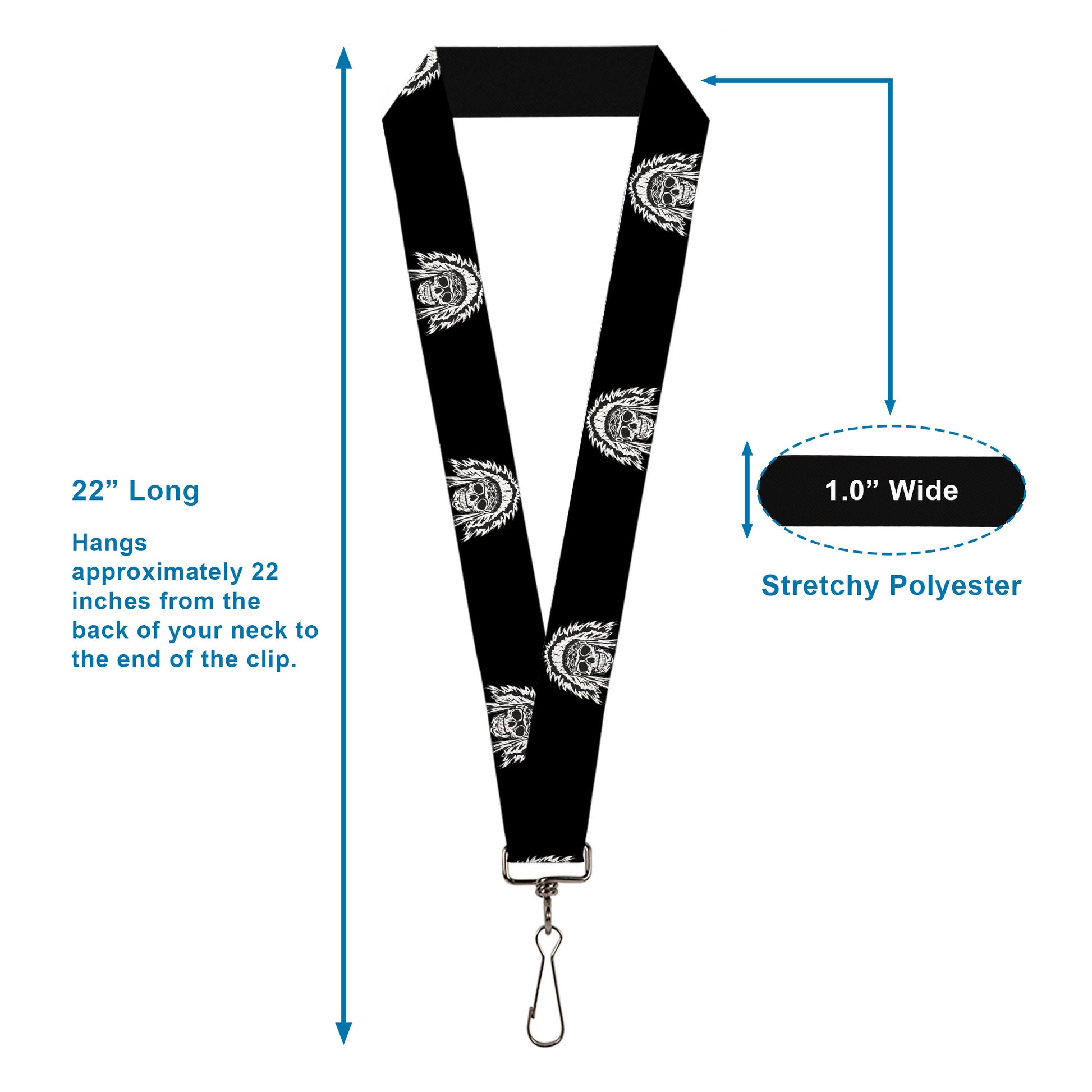 Lanyard - 1.0" - Native American Skull Black White Lanyards Buckle-Down