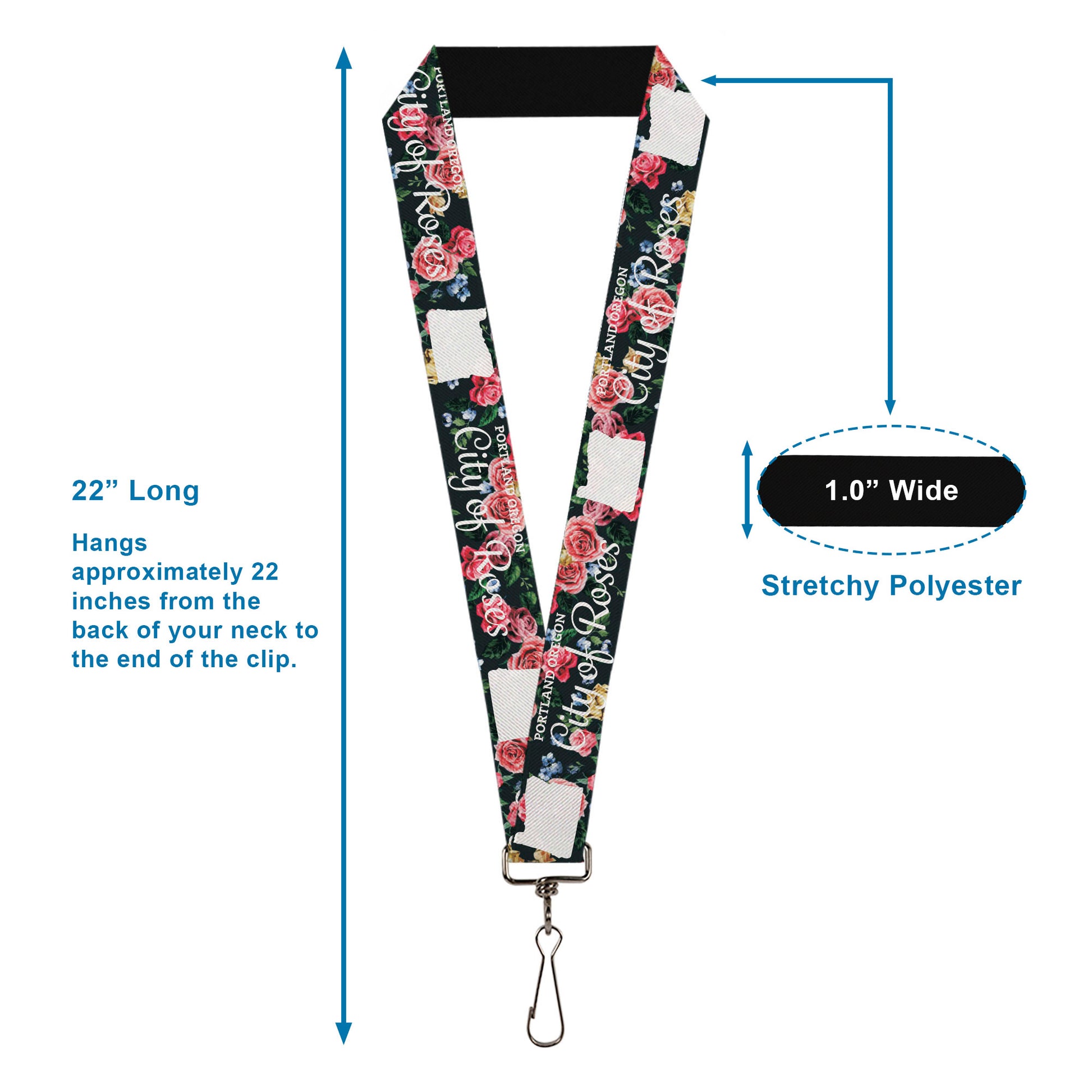 Lanyard - 1.0" - Oregon Silhouette PORTLAND OREGON-CITY OF ROSES Roses White Lanyards Buckle-Down