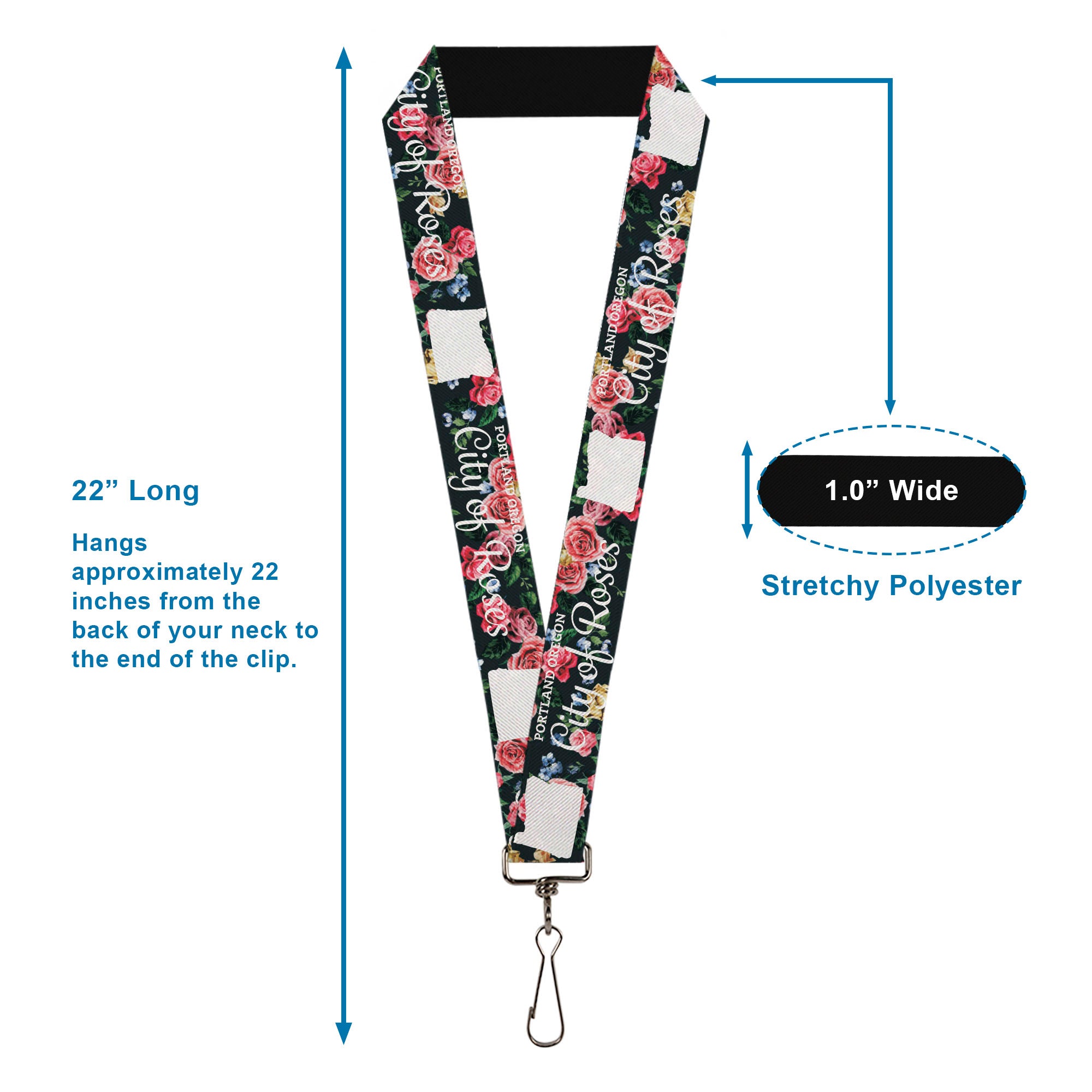 Lanyard - 1.0" - Oregon Silhouette PORTLAND OREGON-CITY OF ROSES Roses White Lanyards Buckle-Down