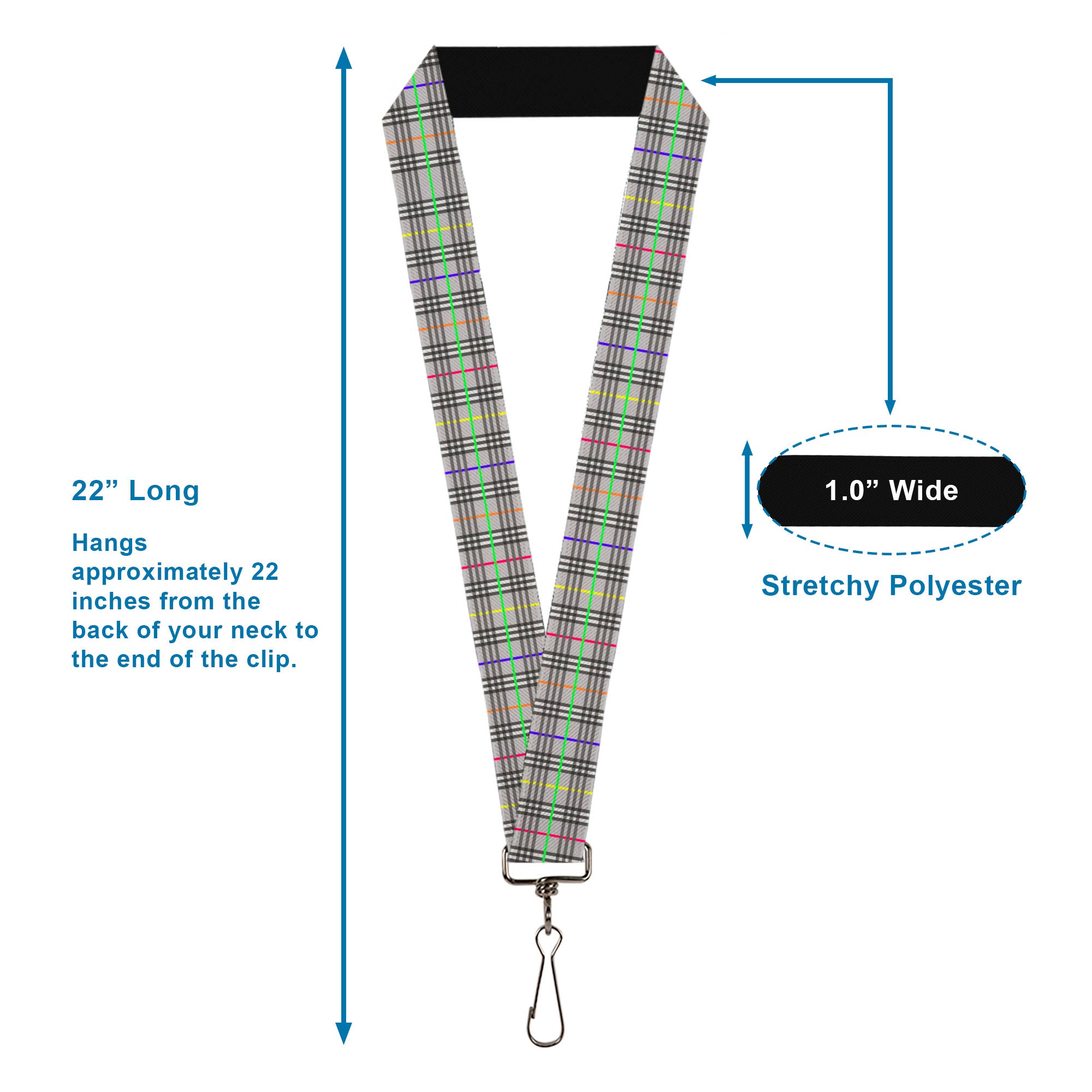 Lanyard - 1.0" - Plaid Gray Multi Neon Lanyards Buckle-Down