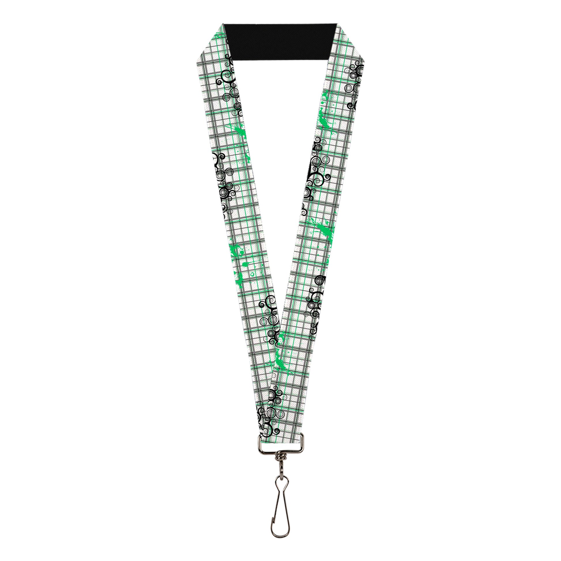 buckle down Lanyard - 1.0" - Plaid Curls White Black Gray Green