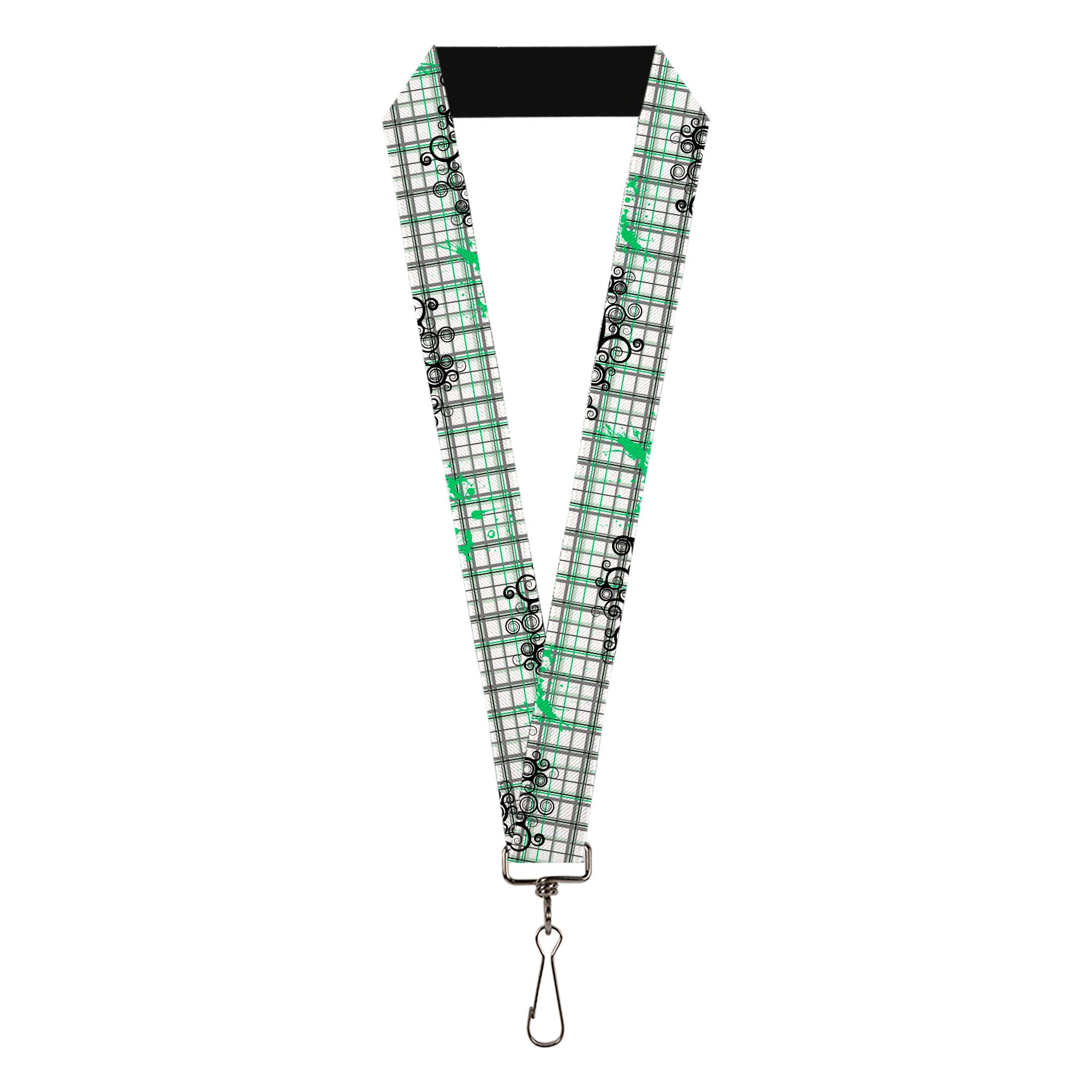 Lanyard - 1.0" - Plaid Curls White Black Gray Green Lanyards Buckle-Down