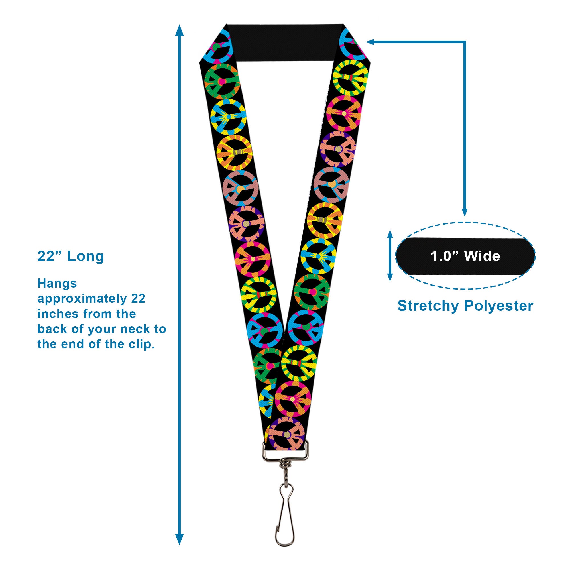 Lanyard - 1.0" - Peace Flowers Black Multi Color Lanyards Buckle-Down