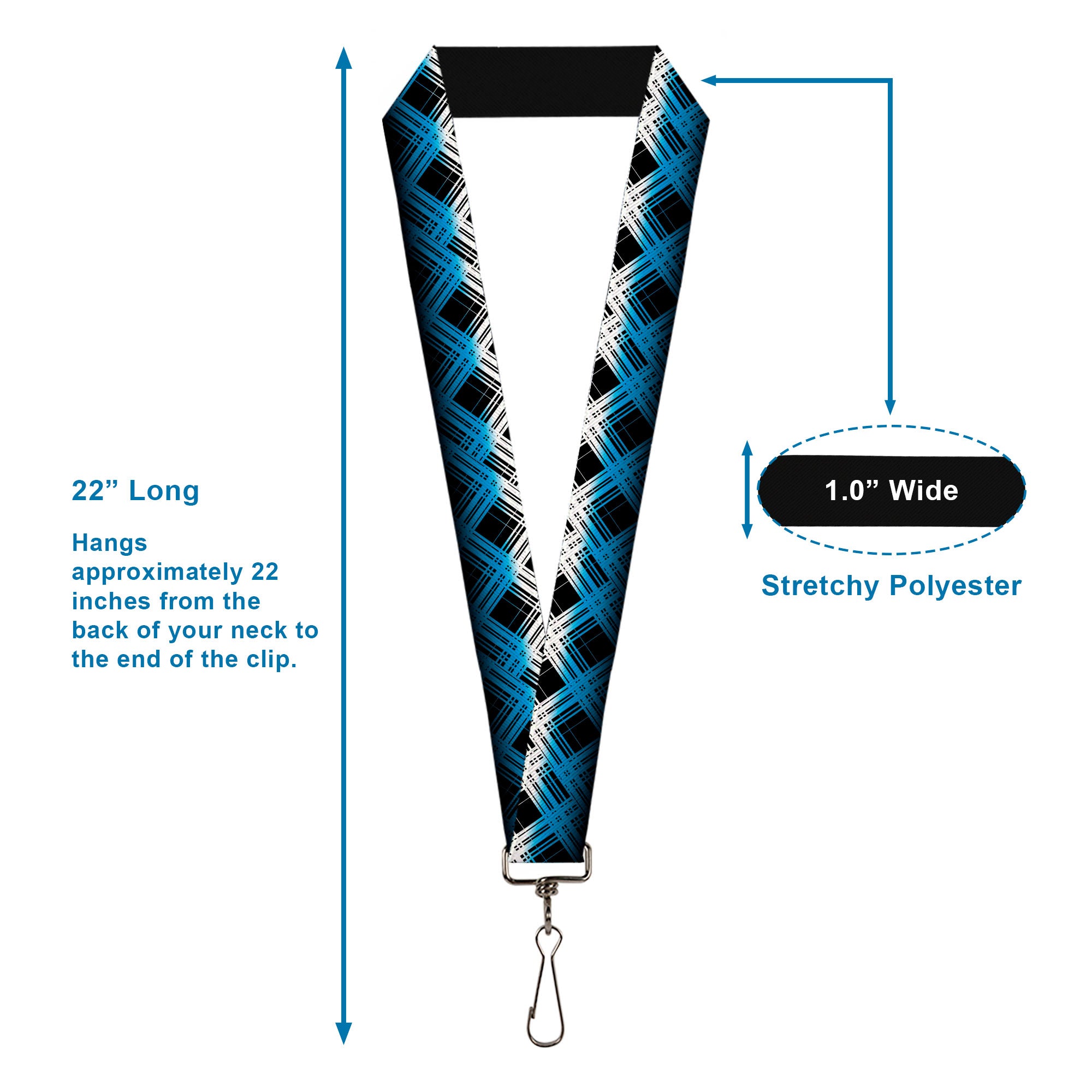 Lanyard - 1.0" - Plaid X Gradient Black White Blue Lanyards Buckle-Down