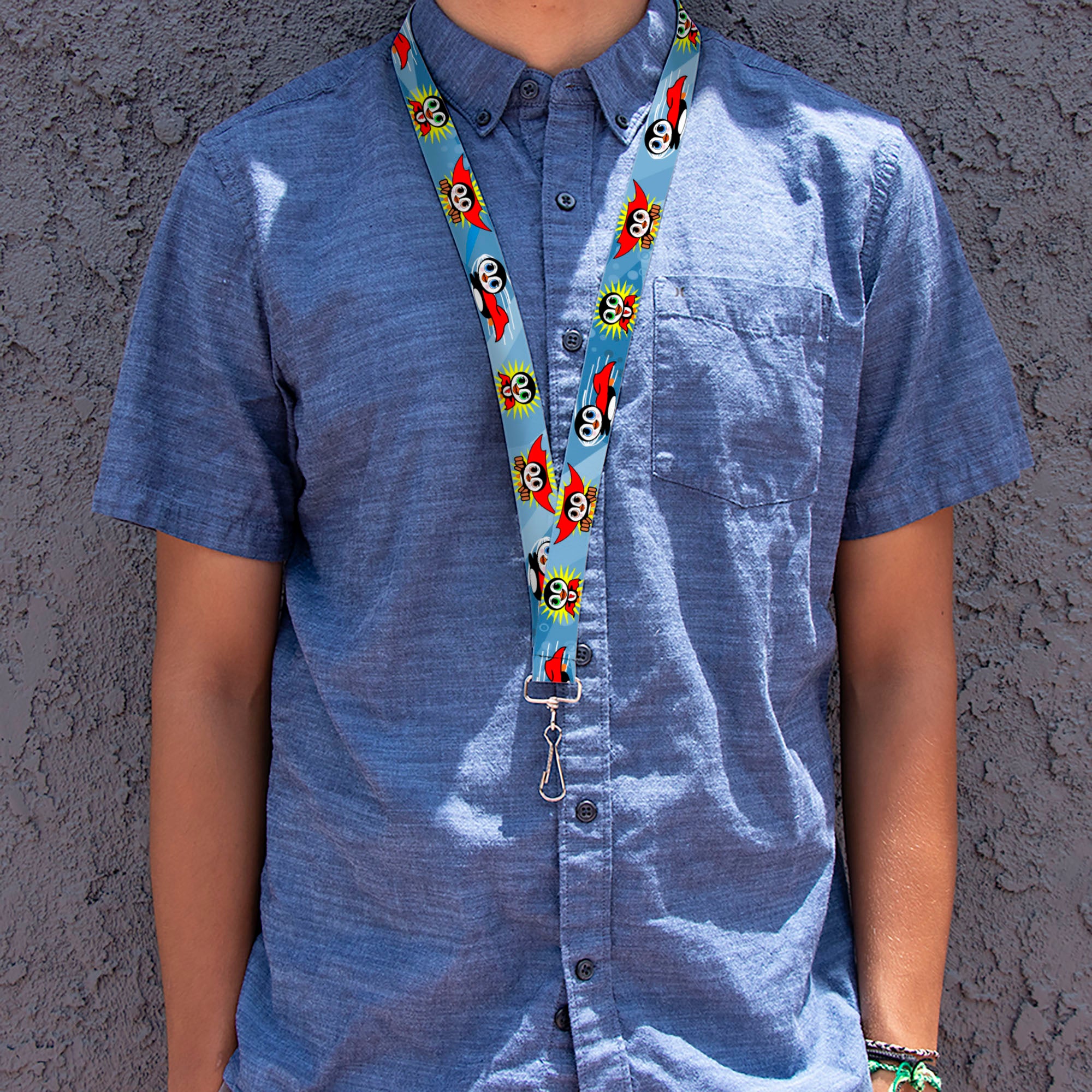 Lanyard - 1.0" - Penguin Superhero Blue Bubbles Lanyards Buckle-Down