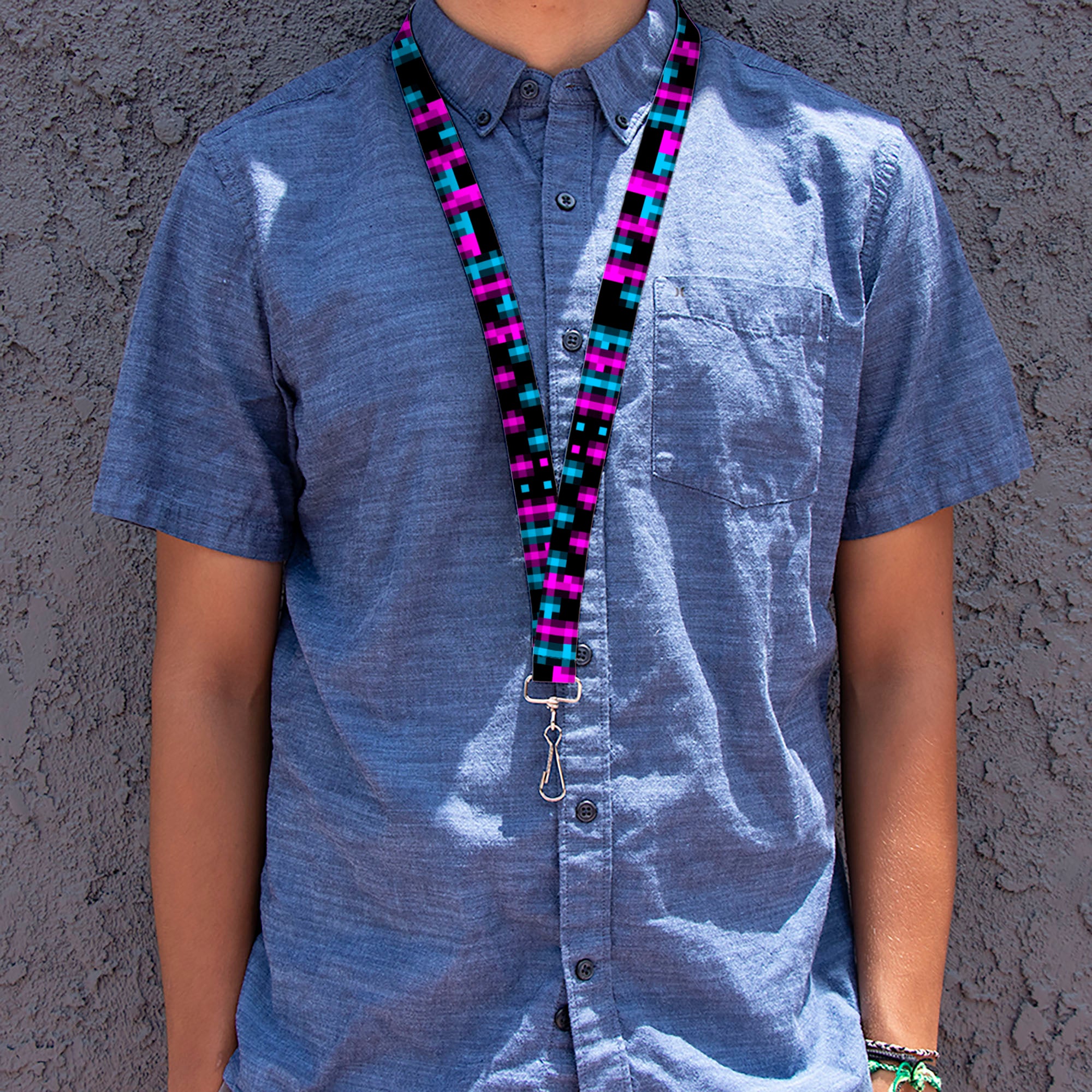 Lanyard - 1.0" - Pixilated Checker Black Fuchsia Turquoise Lanyards Buckle-Down