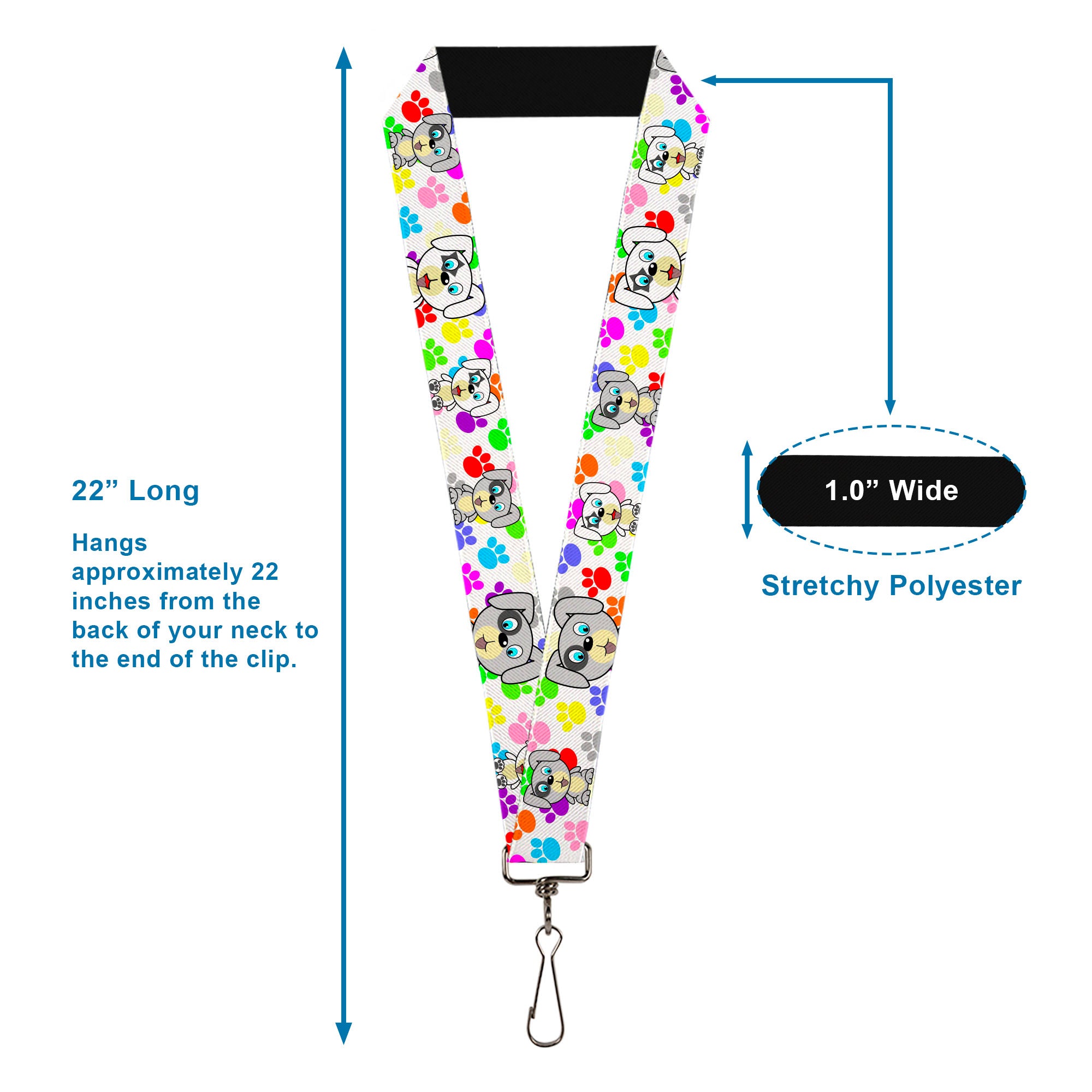 Lanyard - 1.0" - Puppies w Paw Prints White Multi Color Lanyards Buckle-Down