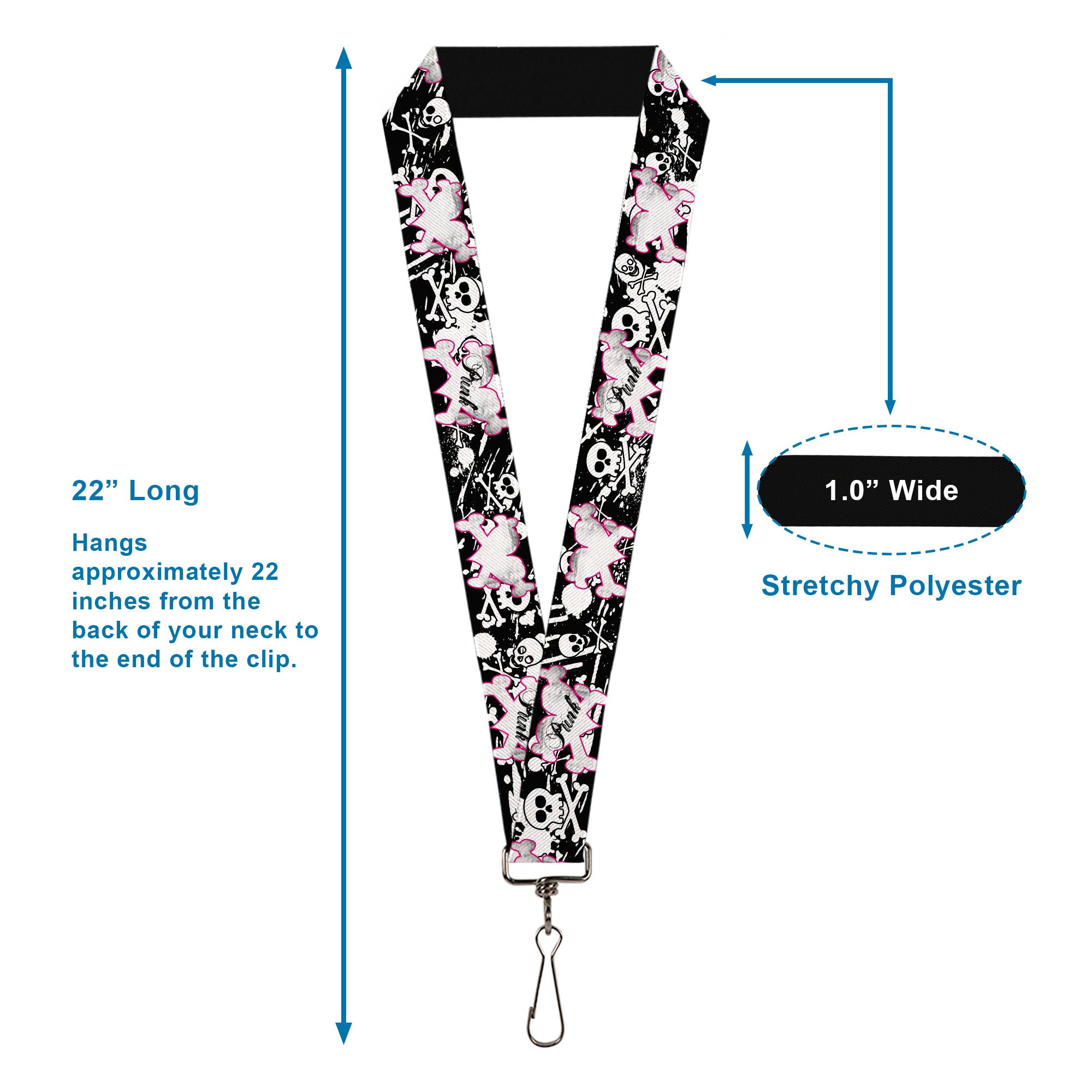 Lanyard - 1.0" - Punk Heart & Cross Bones w Skulls & Splatter Black White Lanyards Buckle-Down