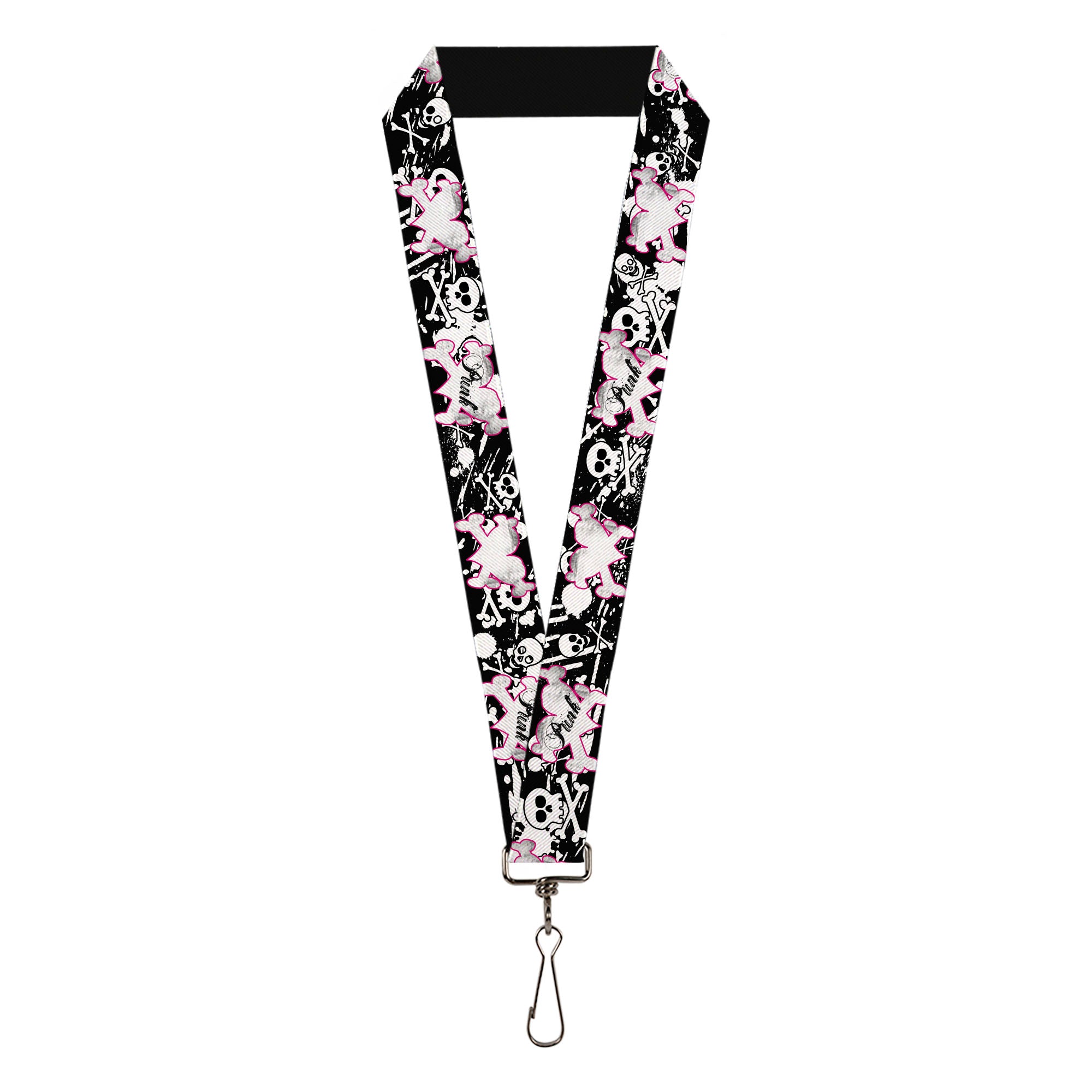 Lanyard - 1.0" - Punk Heart & Cross Bones w Skulls & Splatter Black White Lanyards Buckle-Down
