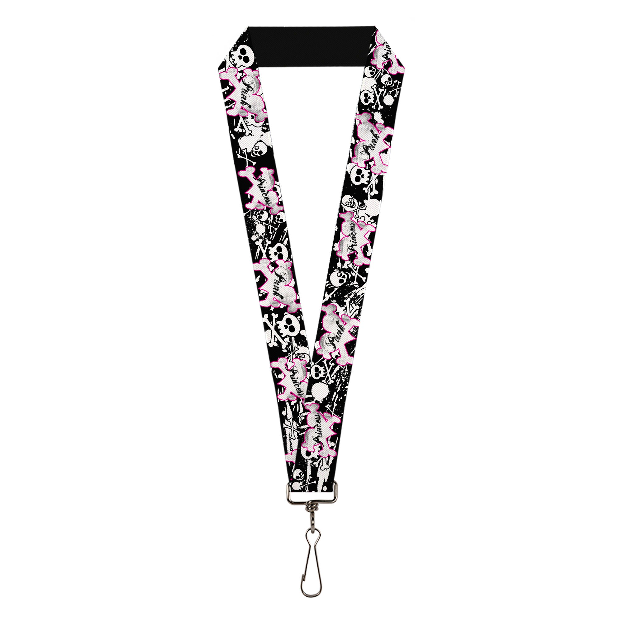Lanyard - 1.0" - Punk Princess Heart & Cross Bones w Skulls & Splatter Black White Lanyards Buckle-Down