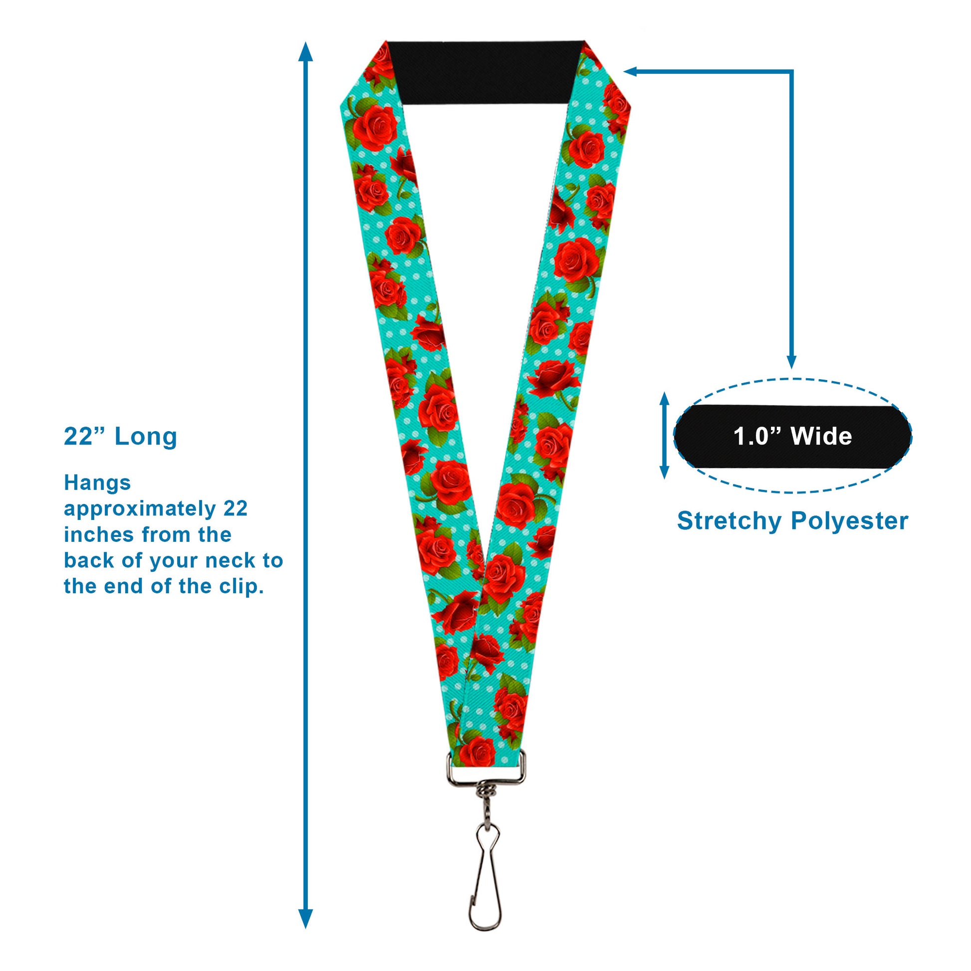 Lanyard - 1.0" - Red Roses Polka Dots Turquoise Lanyards Buckle-Down