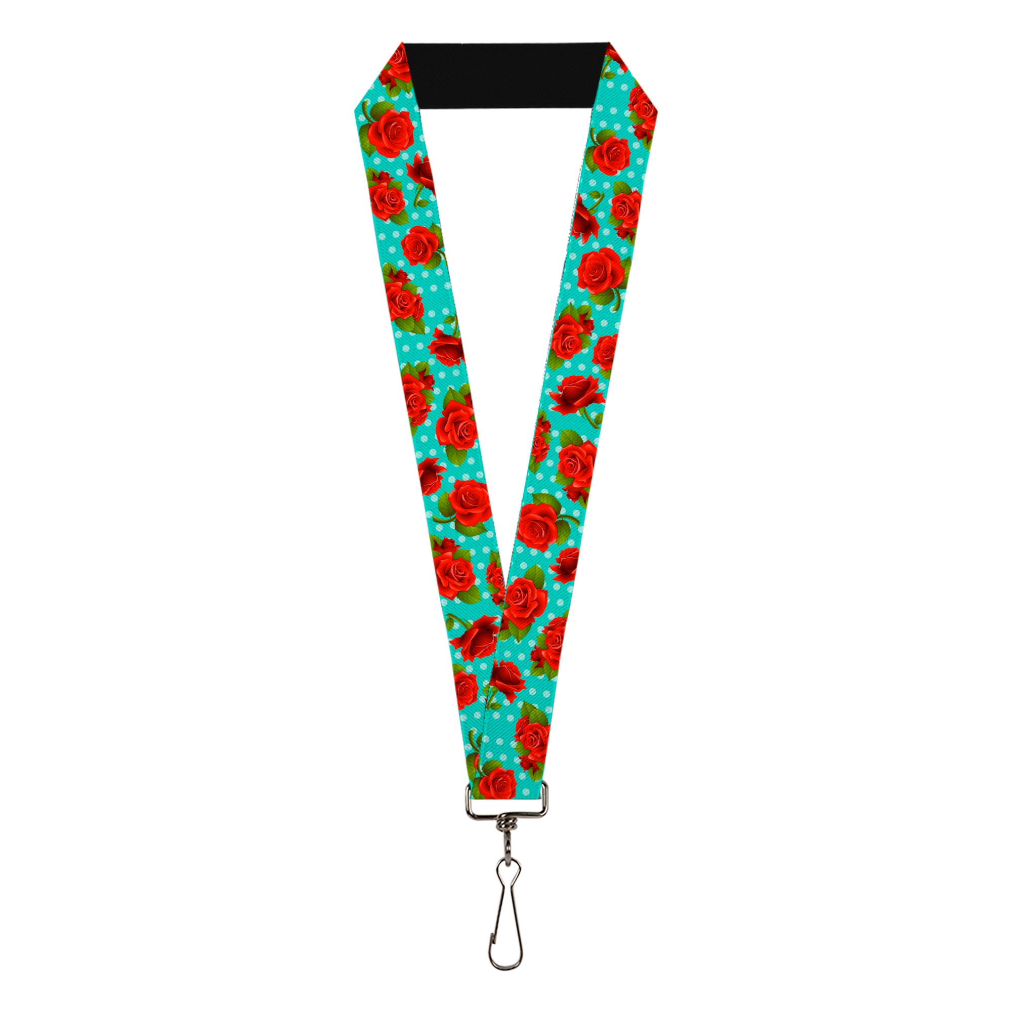 Lanyard - 1.0" - Red Roses Polka Dots Turquoise Lanyards Buckle-Down