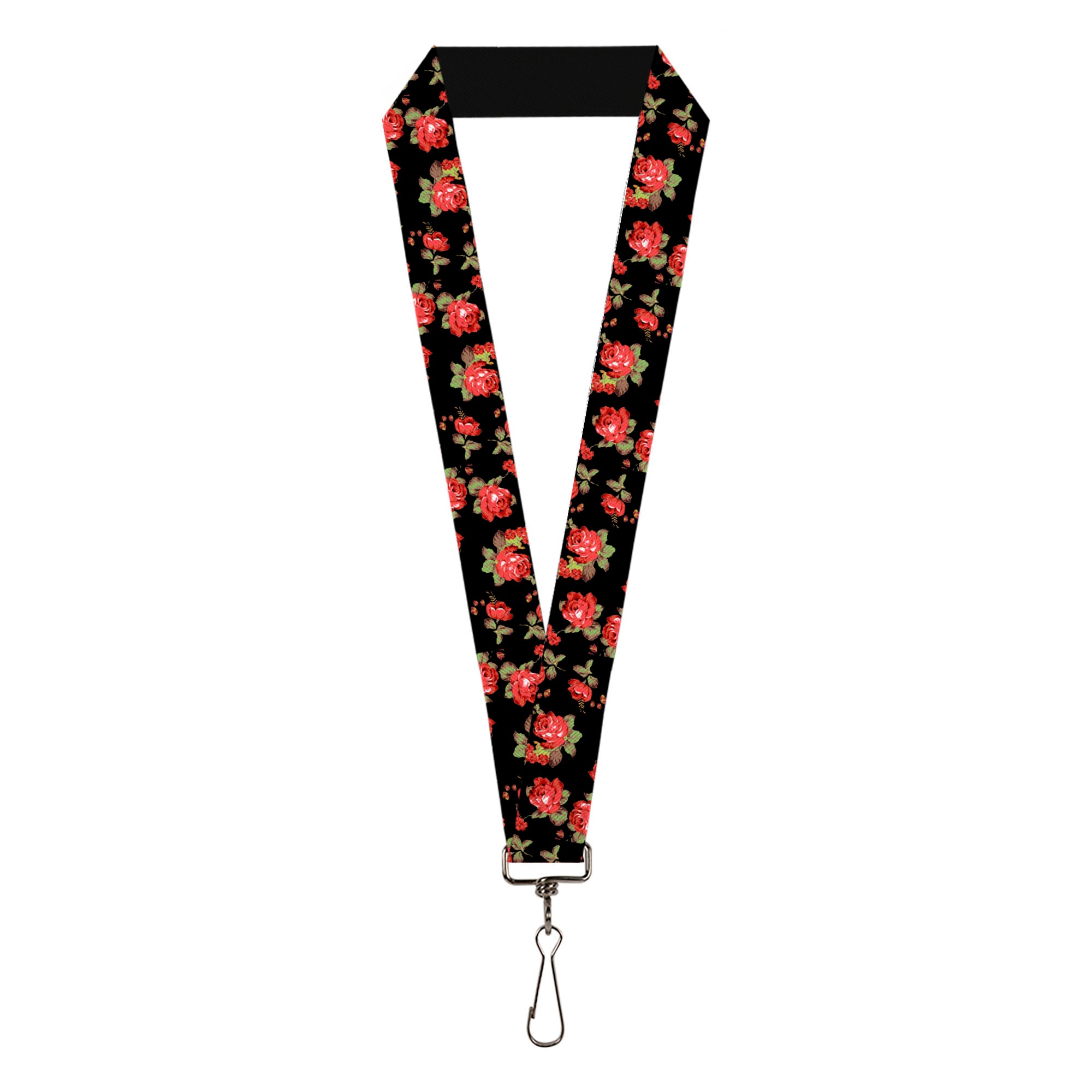 Lanyard - 1.0" - Red Roses Scattered Black Lanyards Buckle-Down