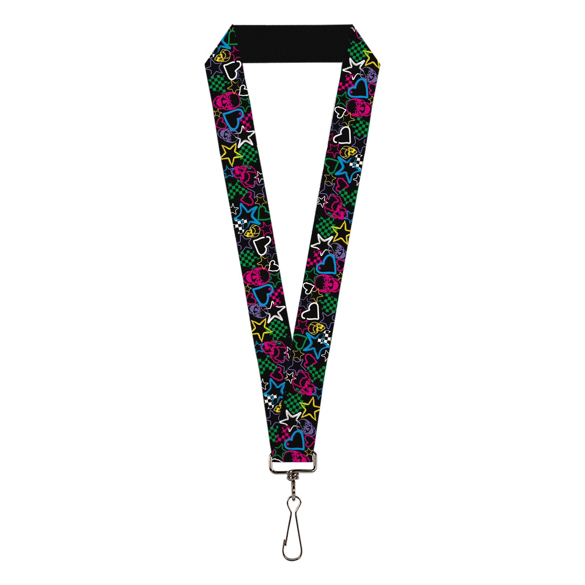 Lanyard - 1.0" - Sketch Skull Star Heart Checker Black Multi Lanyards Buckle-Down