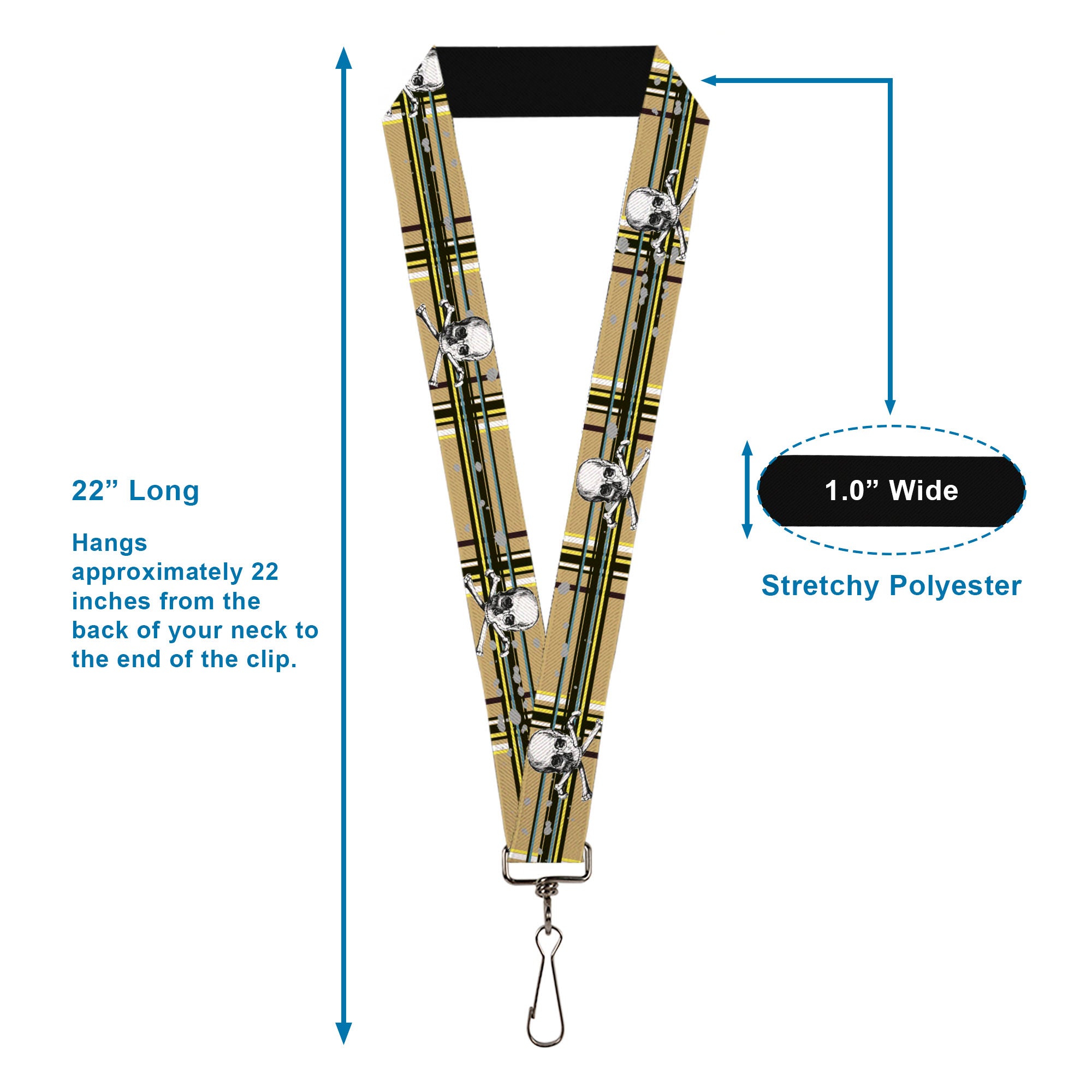 Lanyard - 1.0" - Skull & Cross Bones Plaid Tan Lanyards Buckle-Down