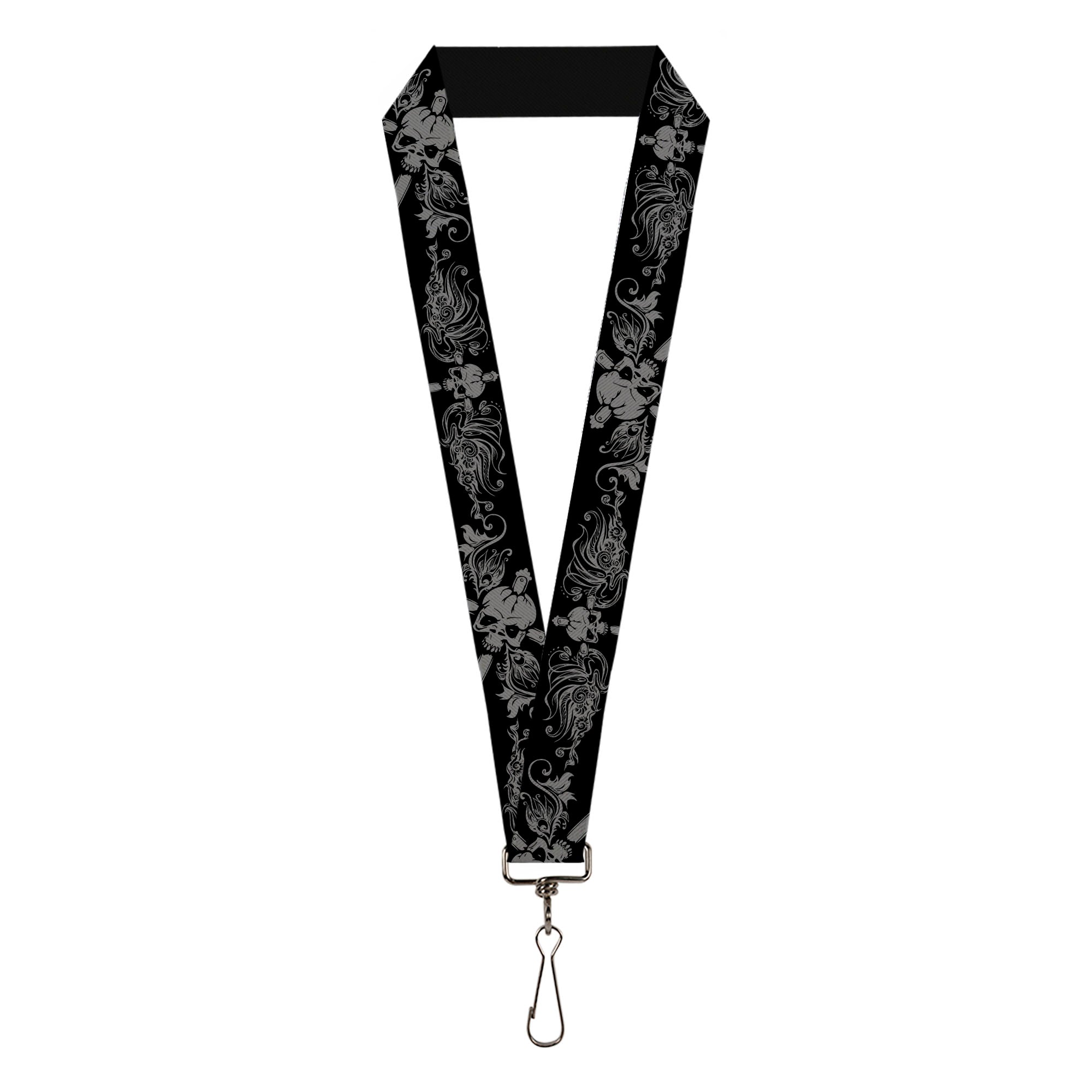 Lanyard - 1.0" - Skull & Dagger w Filigree Black Gray Lanyards Buckle-Down