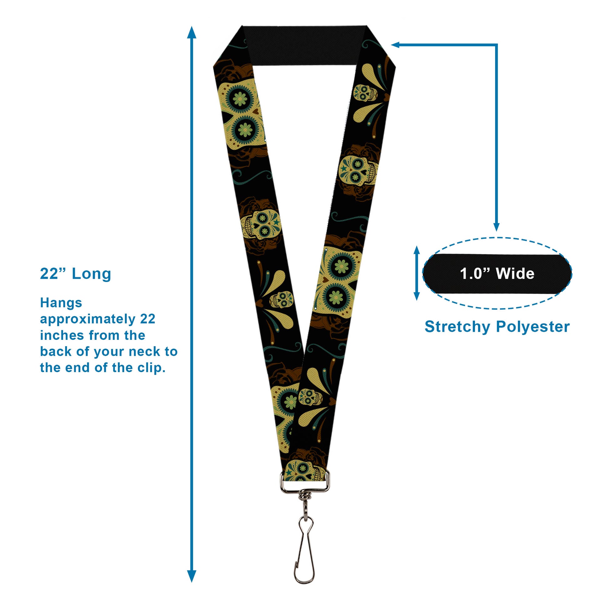 Lanyard - 1.0" - Sugar Skulls Black Olive Burgundy Lanyards Buckle-Down