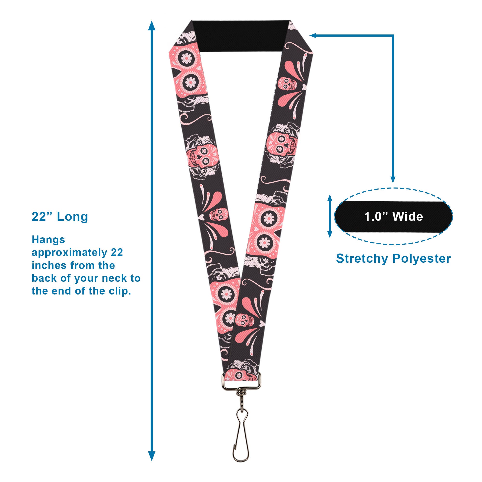 Lanyard - 1.0" - Sugar Skulls Gray Pink Lanyards Buckle-Down