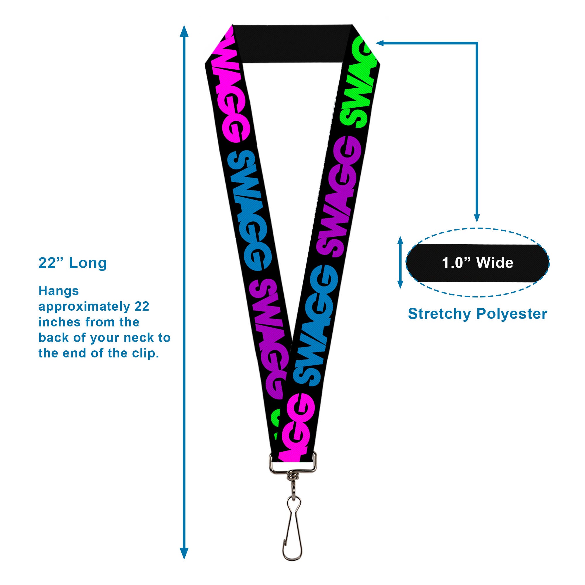 Lanyard - 1.0" - SWAGG Black Hot Pink Turquoise Purple Neon Green Lanyards Buckle-Down