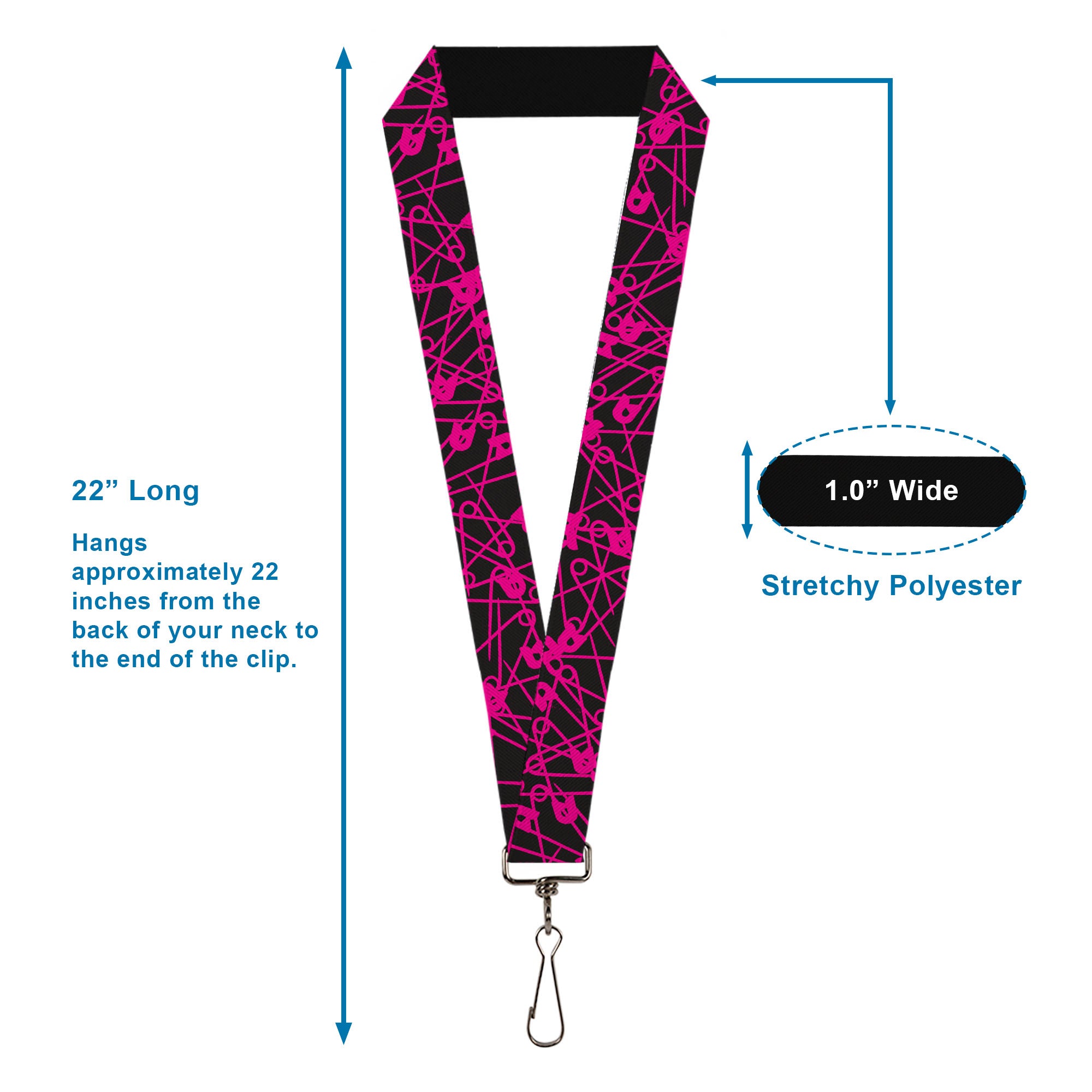 Lanyard - 1.0" - Safety Pins Black Fuchsia Lanyards Buckle-Down
