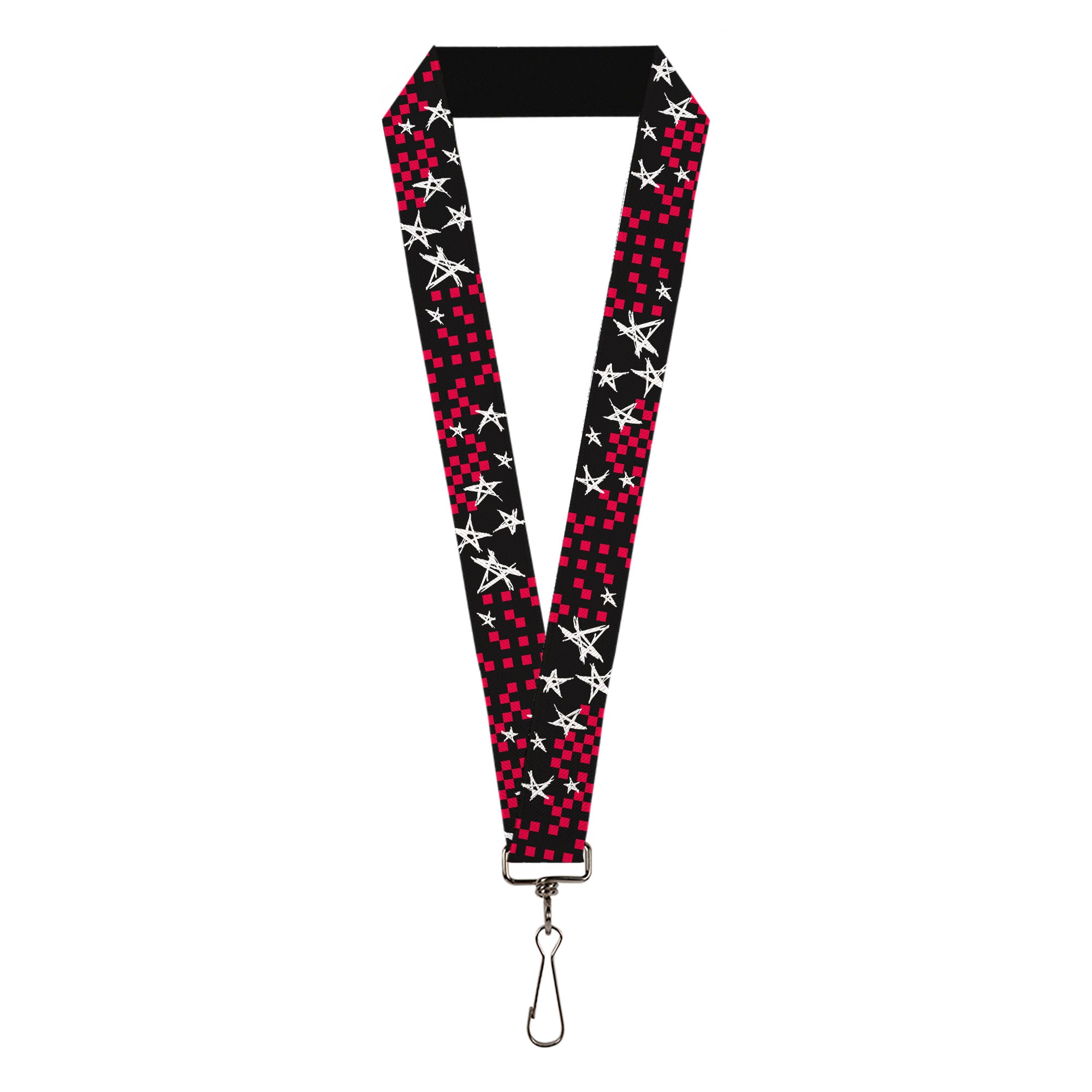 Lanyard - 1.0" - Sketch Stars w Checkers Black Fuchsia White Lanyards Buckle-Down