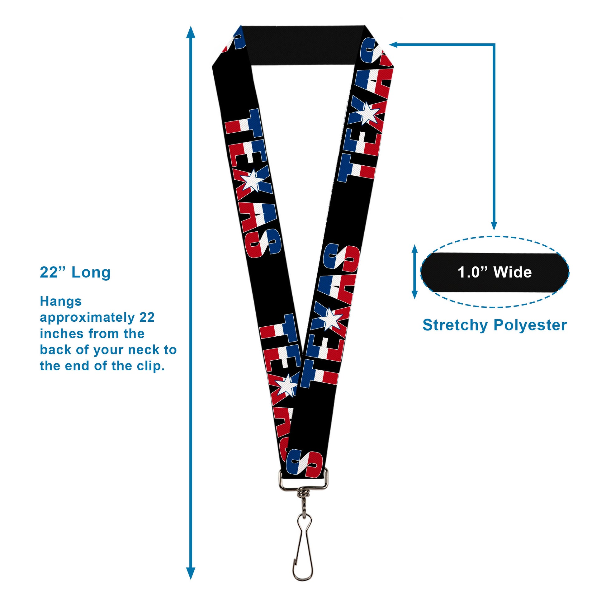 Lanyard - 1.0" - TEXAS w Star Black White Blue Red Lanyards Buckle-Down