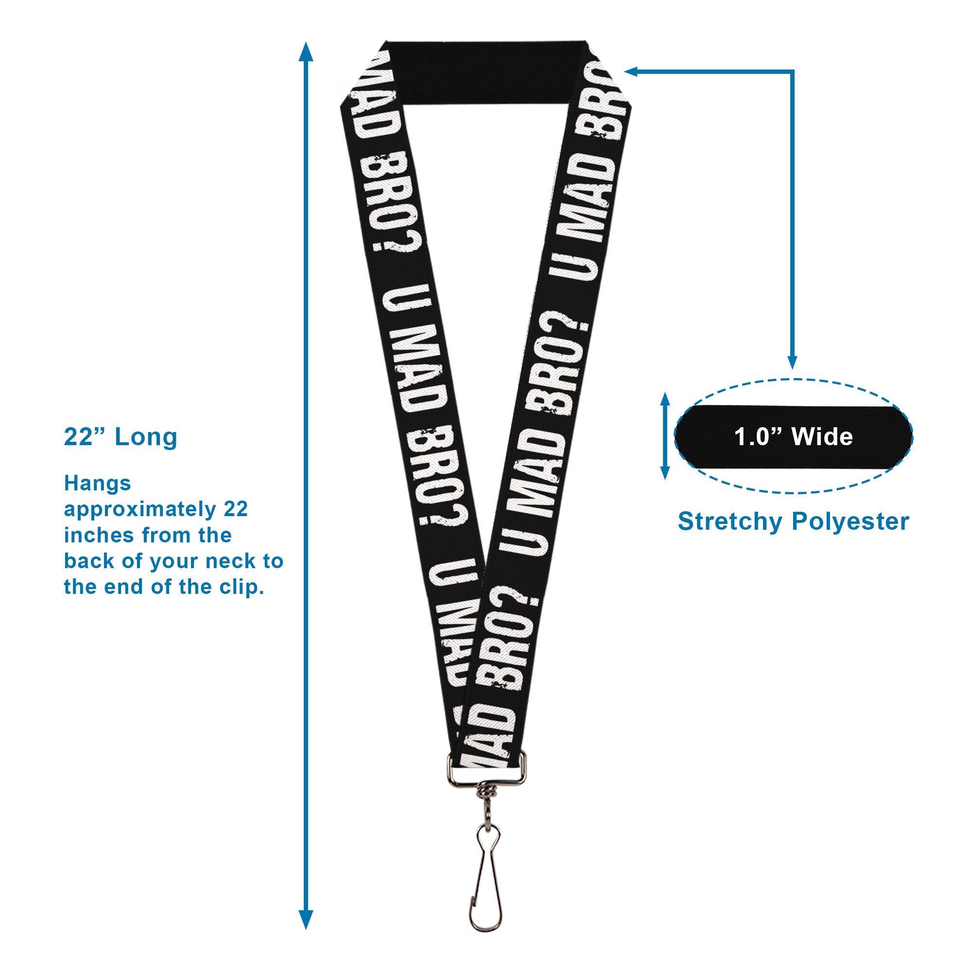 Lanyard - 1.0" - U MAD BRO? Weathered Black White Lanyards Buckle-Down