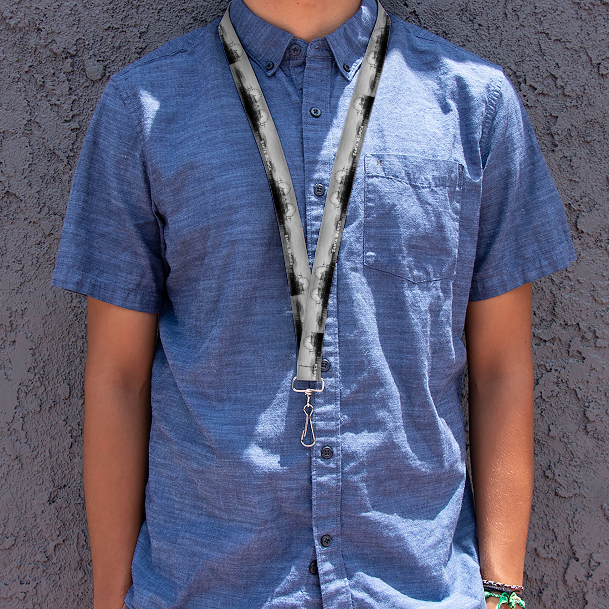 Lanyard - 1.0" - Vivid SANTA MONICA Pier Skyline Grays White Lanyards Buckle-Down