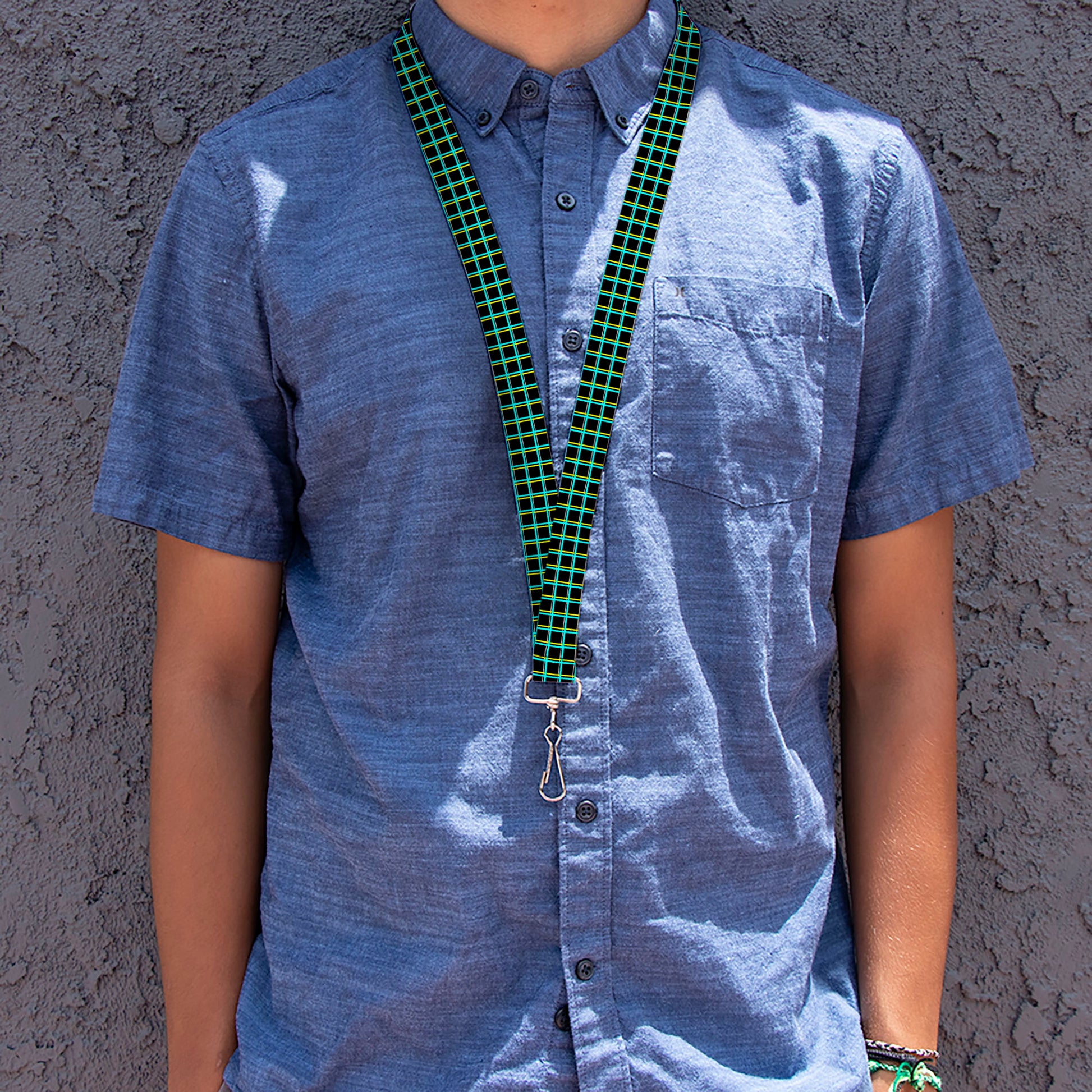 Lanyard - 1.0" - Wire Grid Black Turquoise Yellow Lanyards Buckle-Down