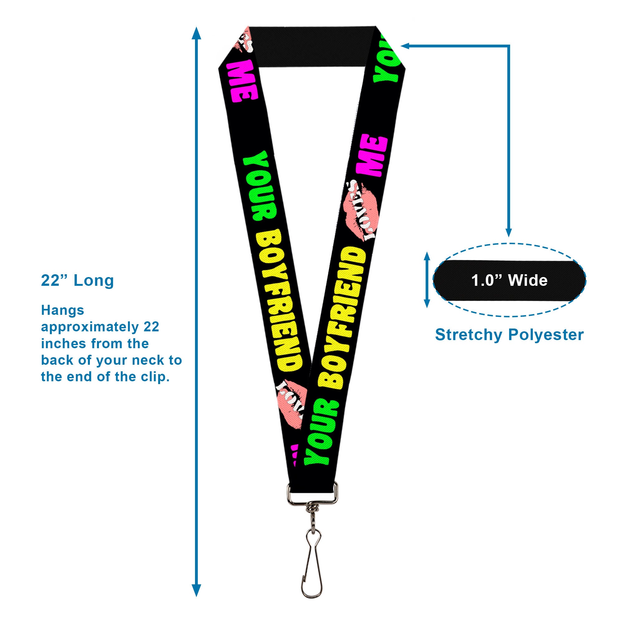 Lanyard - 1.0" - YOUR BOYFRIEND LOVES ME w Kiss Black Neon Lanyards Buckle-Down