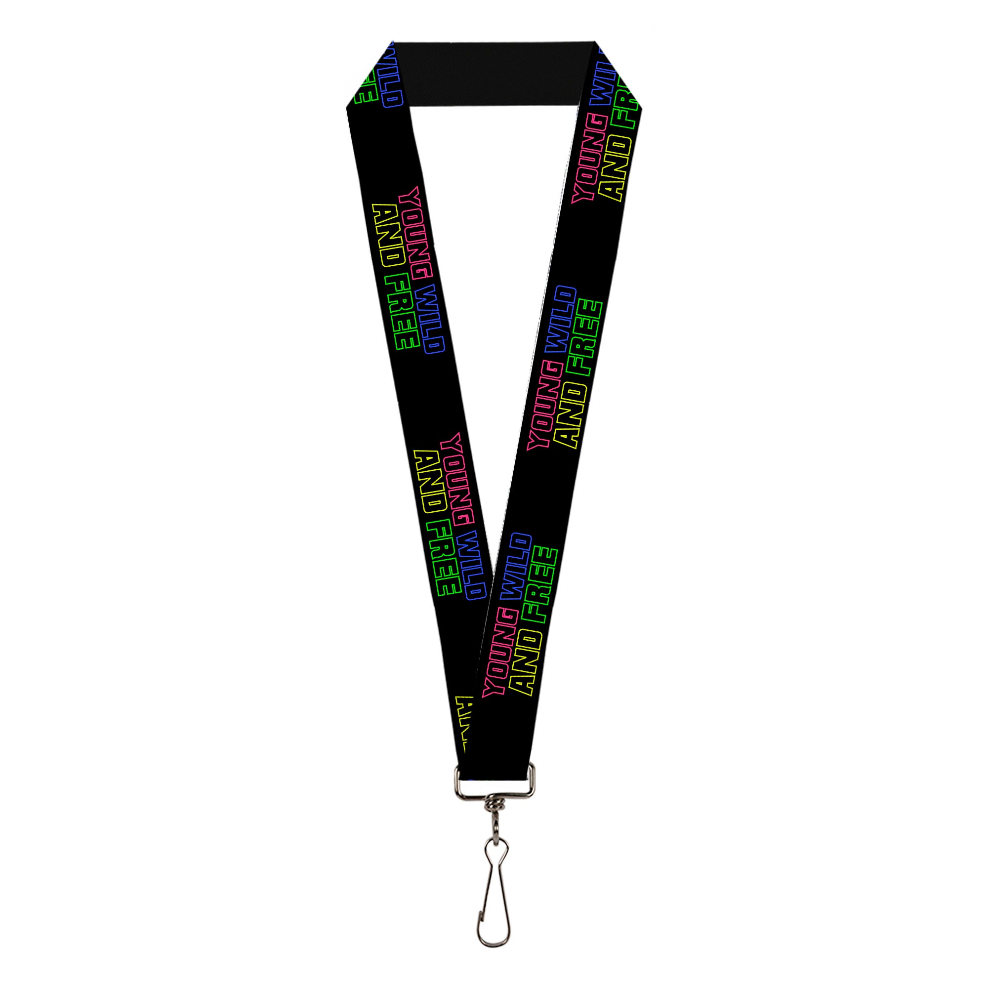 Lanyard - 1.0" - YOUNG WILD AND FREE Outline Black Multi Neon Lanyards Buckle-Down