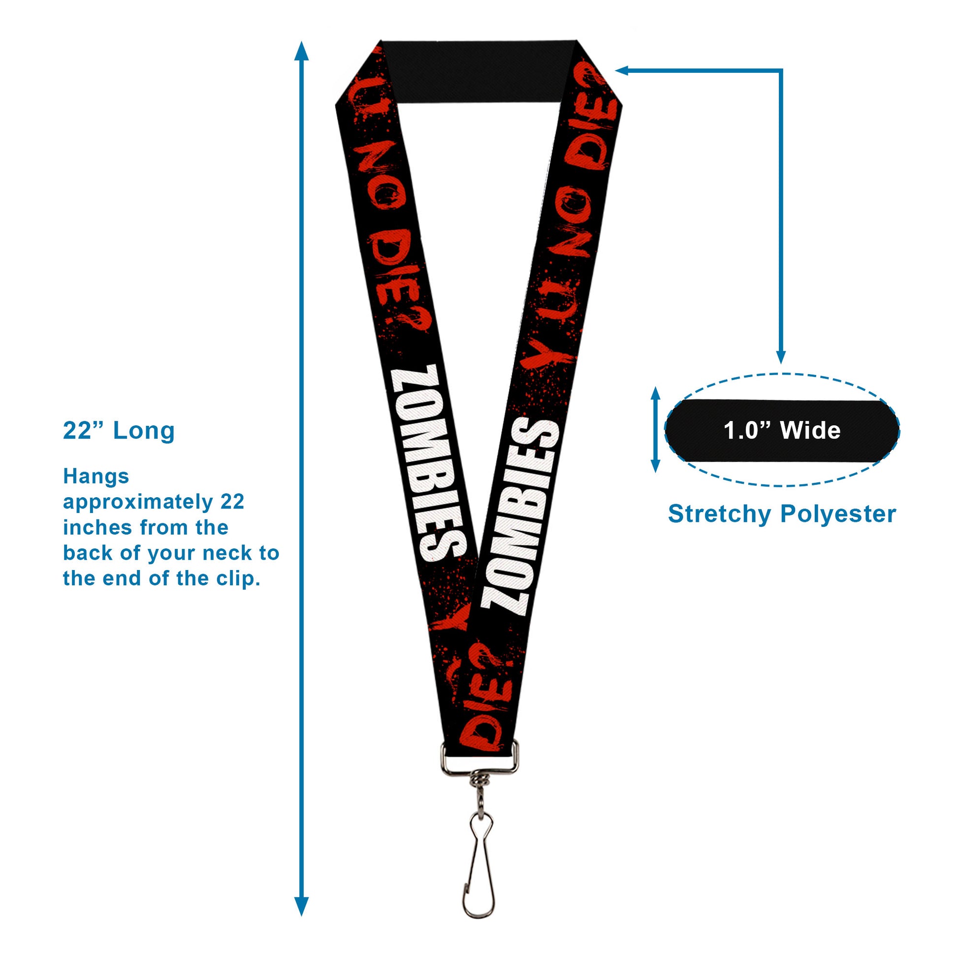 Lanyard - 1.0" - Zombies Y U NO DIE Black White Red Lanyards Buckle-Down