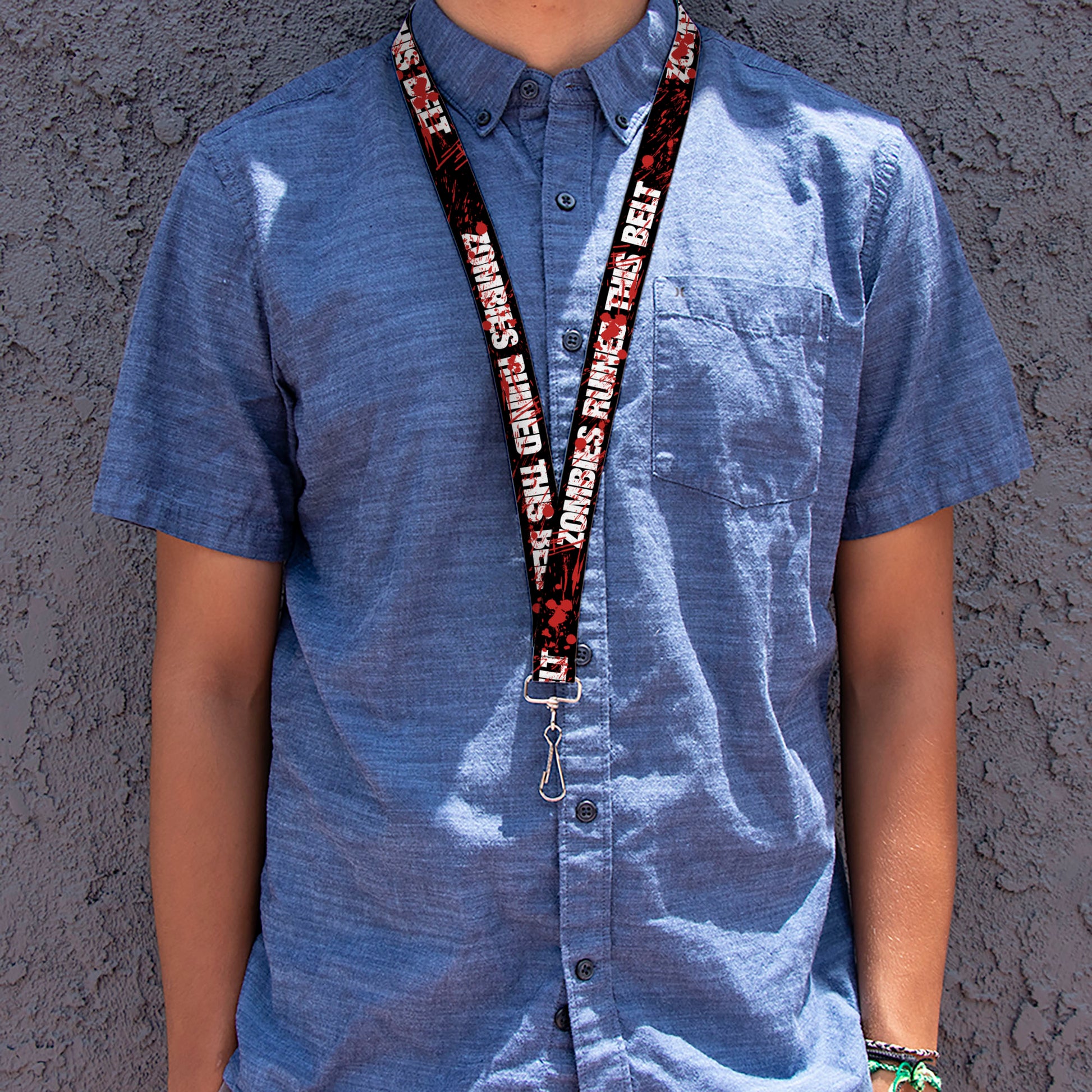 Lanyard - 1.0" - ZOMBIES RUINED THIS BELT Black White Red Splatter Lanyards Buckle-Down