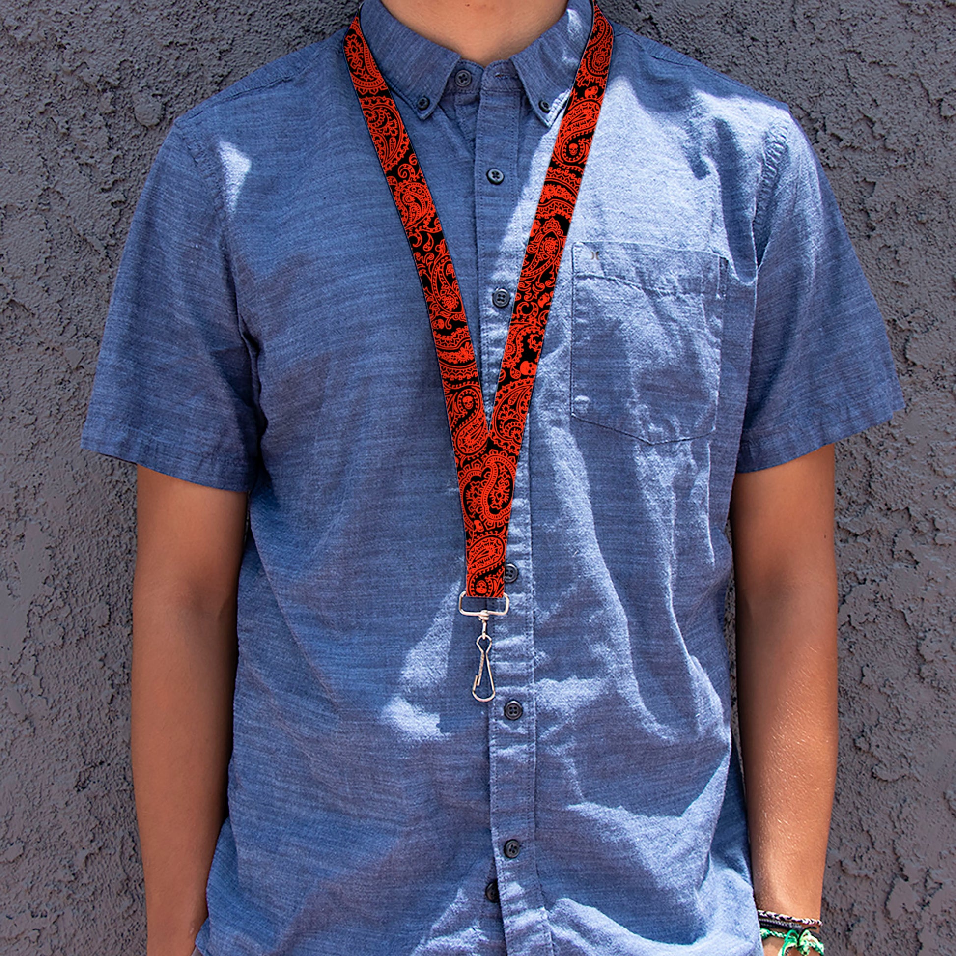 Lanyard - 1.0" - Bandana Skulls Black Orange Lanyards Buckle-Down