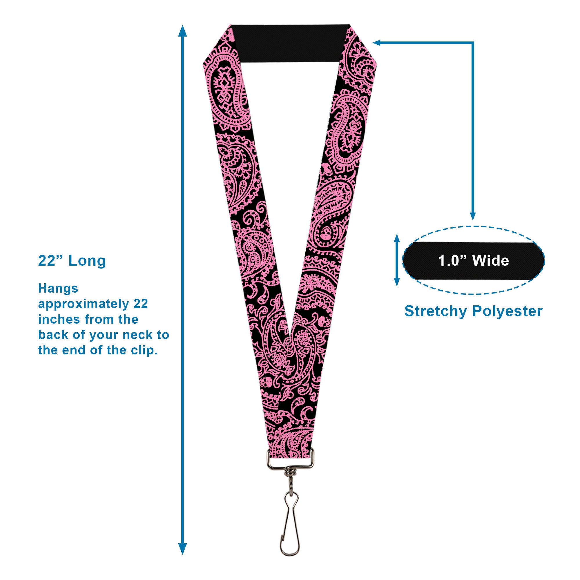 Lanyard - 1.0" - Bandana Skulls Black Pink Lanyards Buckle-Down