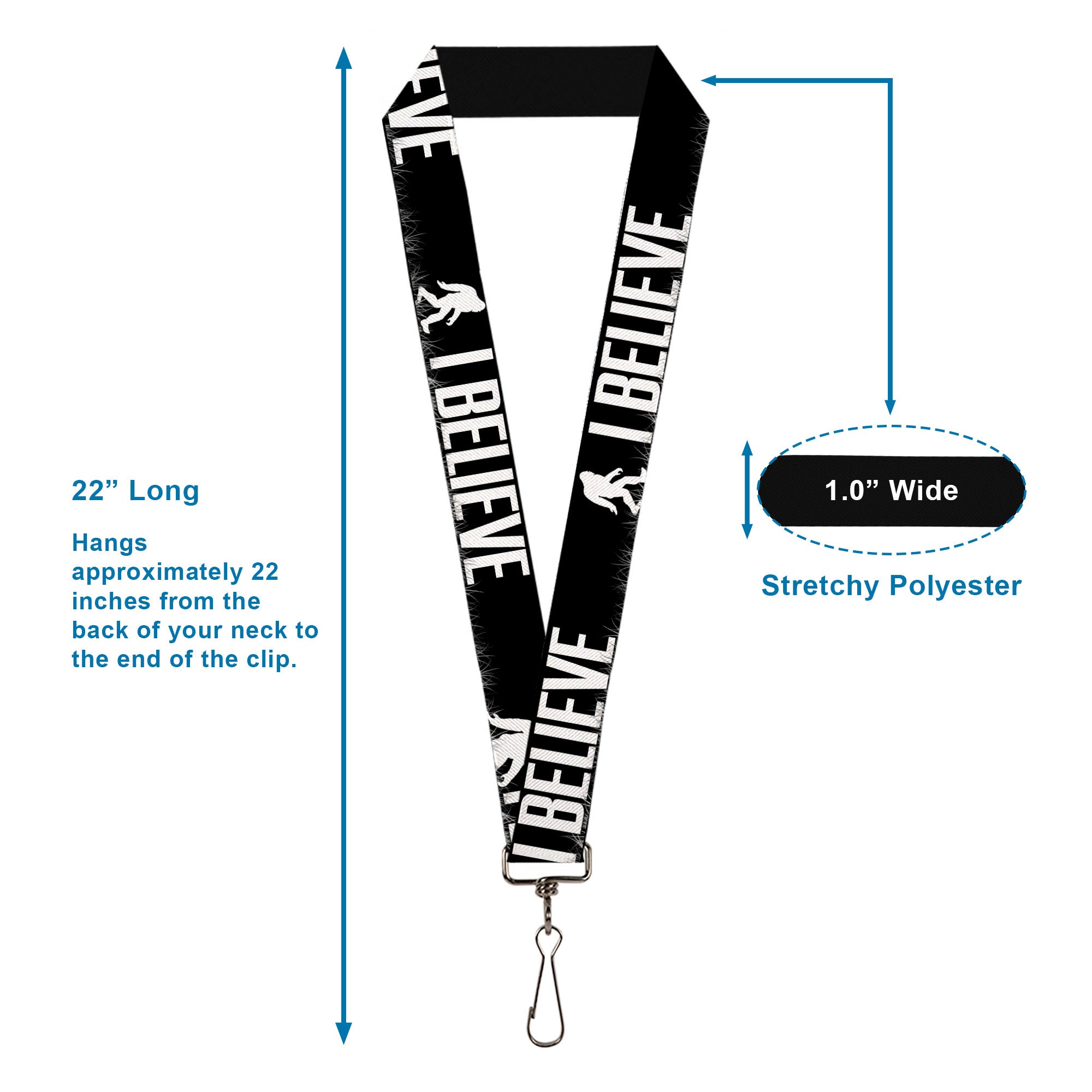 Lanyard - 1.0" - Bigfoot Silhouette I BELIEVE Black Gray White Lanyards Buckle-Down