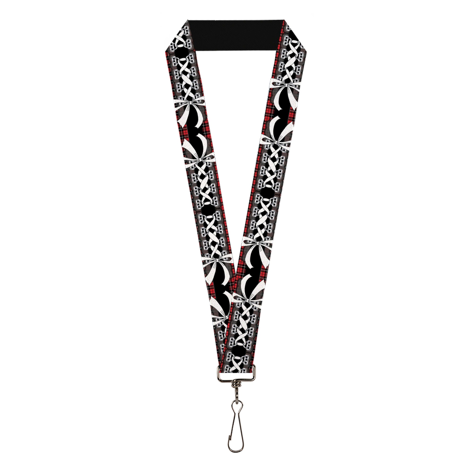 Lanyard - 1.0" - Corset Lace Up w Bow Red Plaid Black Lanyards Buckle-Down