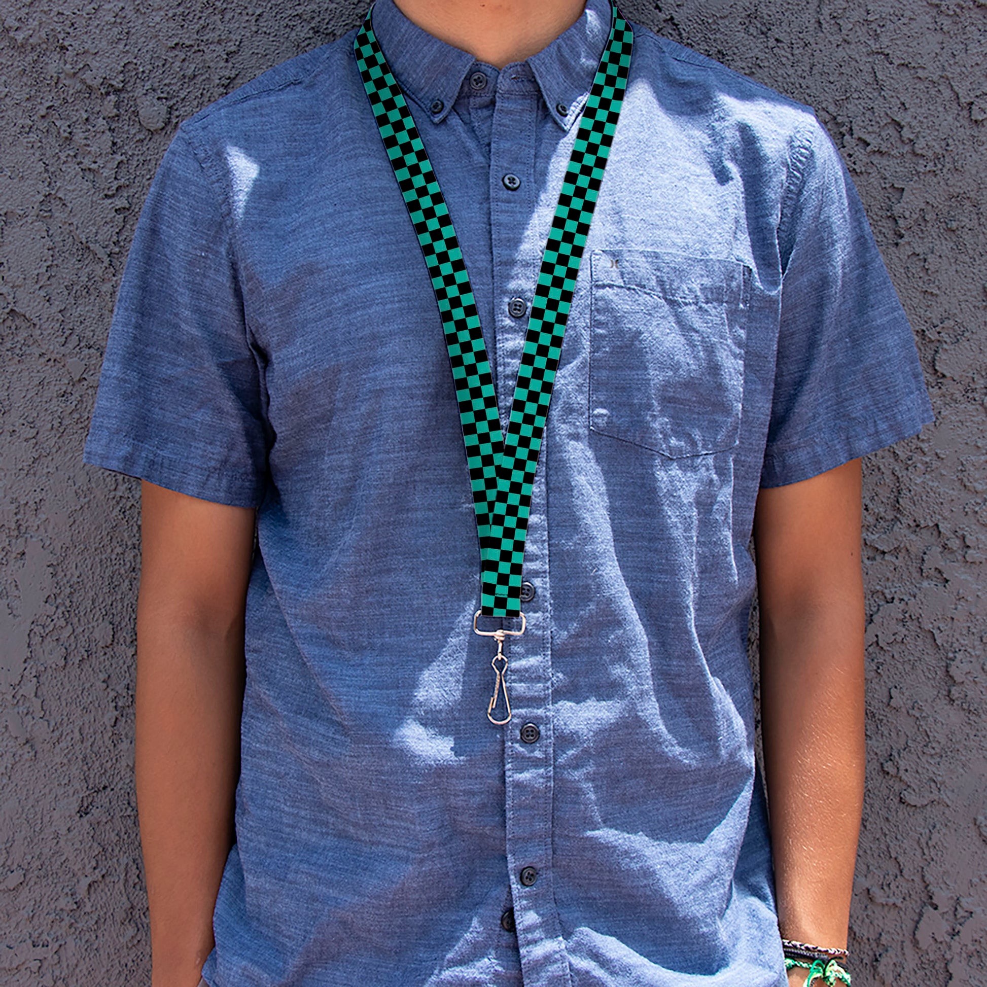 Lanyard - 1.0" - Checker Black Teal Lanyards Buckle-Down