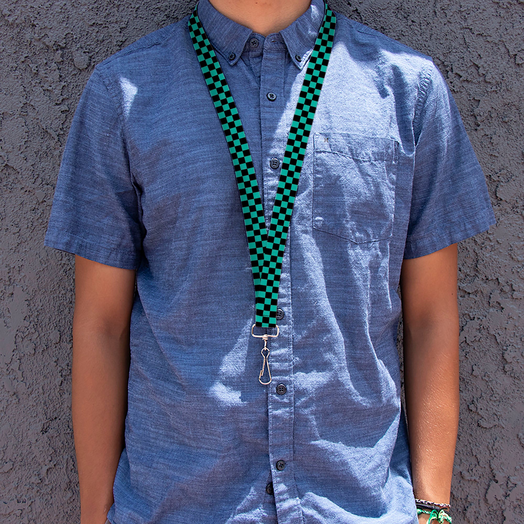 Lanyard - 1.0" - Checker Black Teal Lanyards Buckle-Down